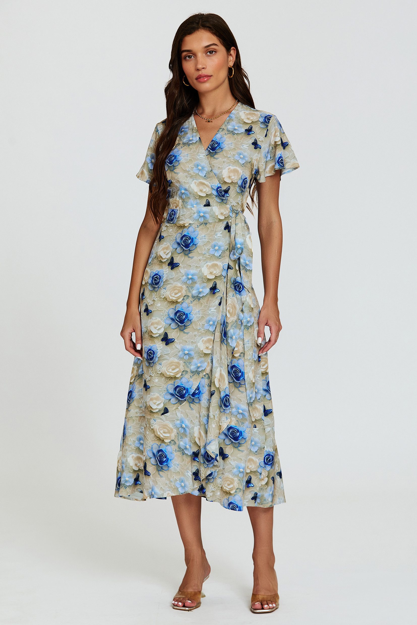 Wickelkleid Damen Wickel Midikleid Sommerkleid V-Ausschnitt Engelsärmel festlich