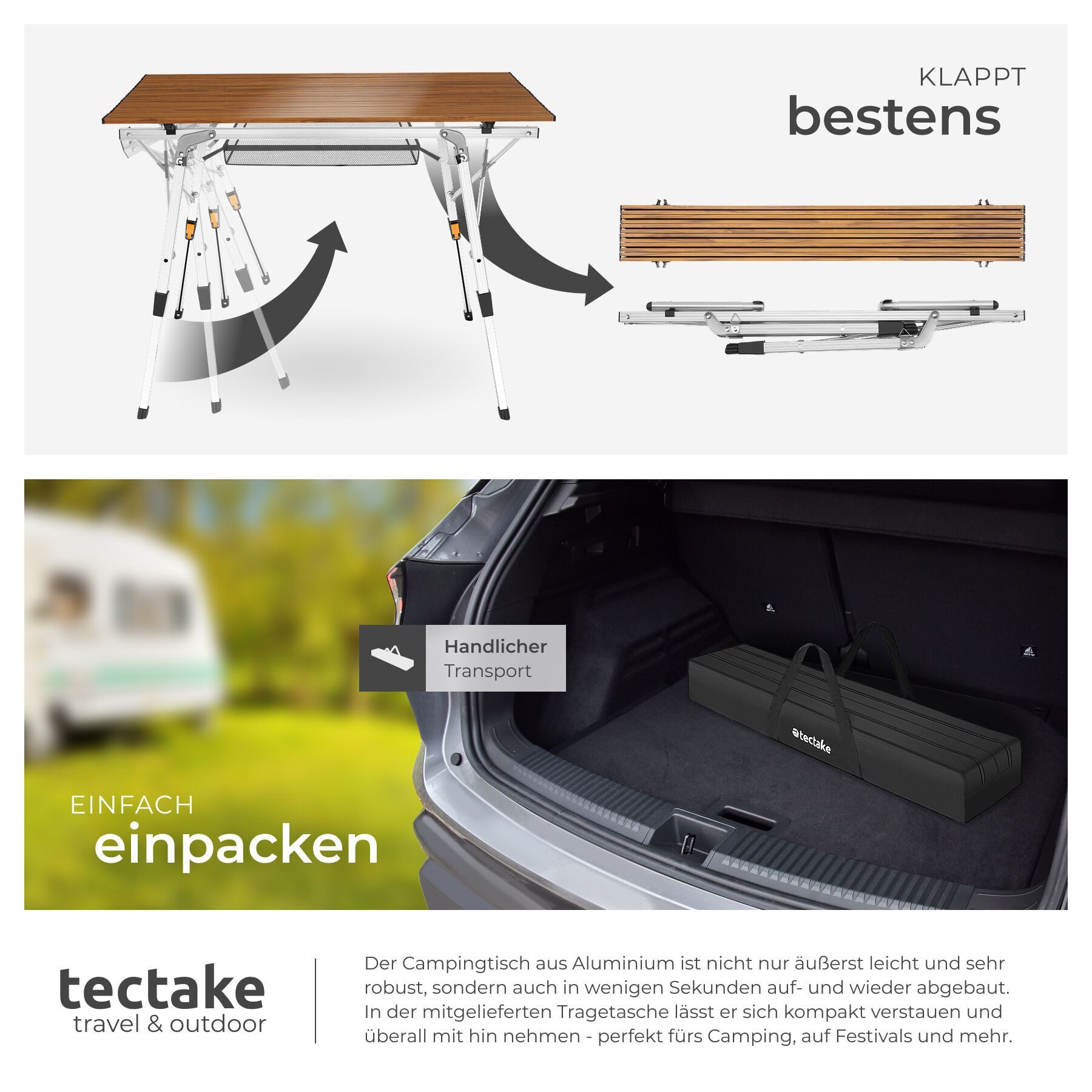 tectake Campingtisch Aluminium Klapptisch - faltbar, wetterfest, 90 x 52 x 47 - 70 cm (Outdoor Beistelltisch Tina, 1-St., in Holzoptik), höhenverstellbar, mit A – Bild 5 von 5