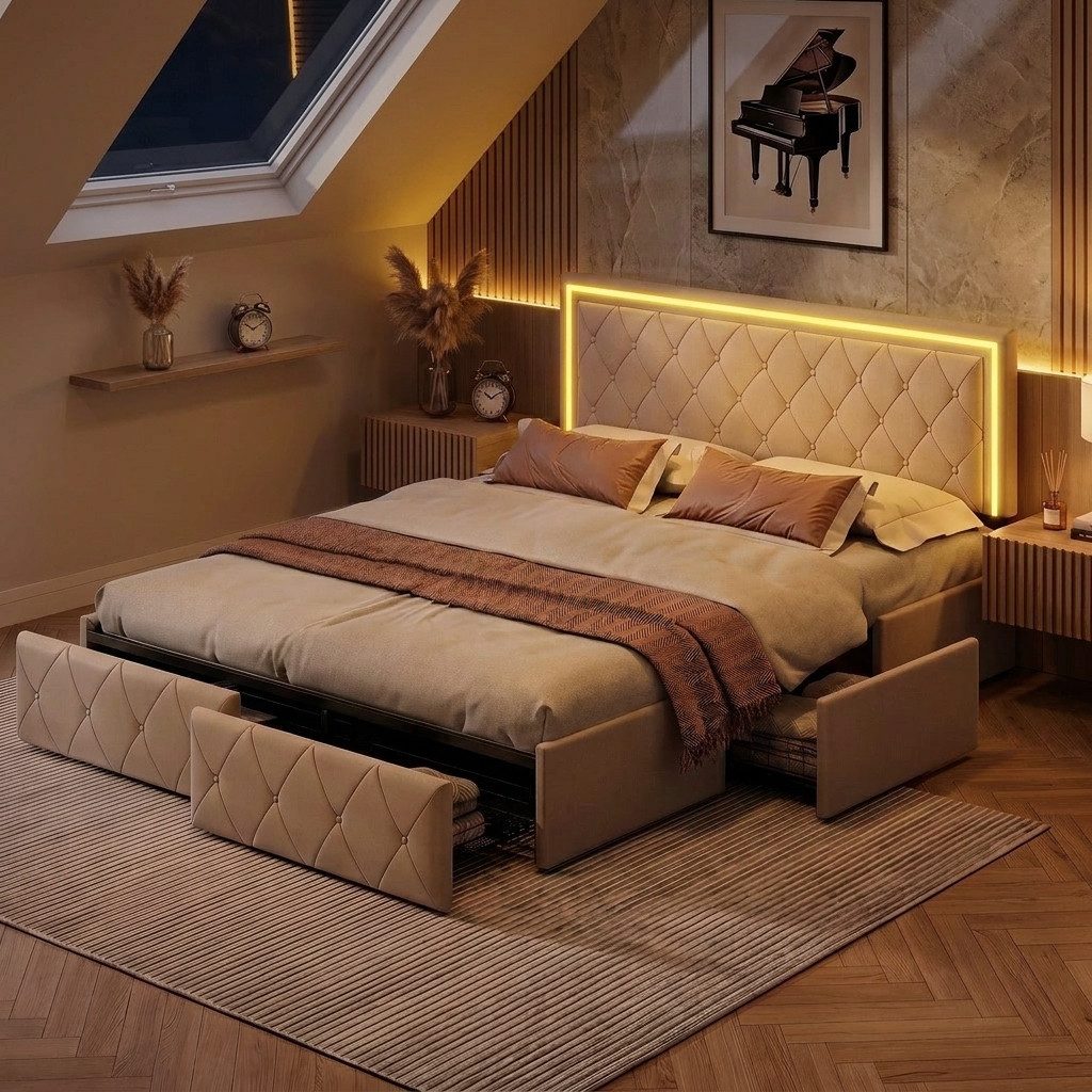 PXloue Polsterbett LED Doppelbett Stauraumbett (1 tlg., Kopfteil hochstellbar), mit 3 Schublade, LED-Beleuchtung, Gepolsterte Rückenlehne, 140x200cm