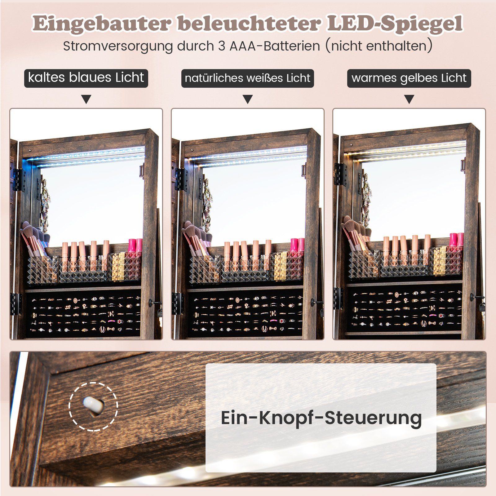 COSTWAY Schmuckschrank mit Spiegel & LED, auf Rollen, stehend, abschließbar