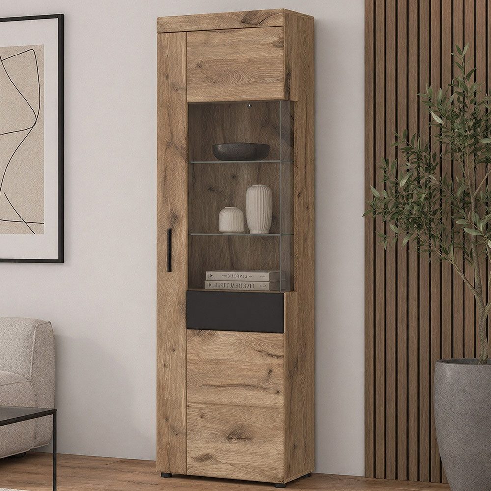 Lomadox Vitrine GRAHAM-129 Eiche Dekor Grau 58 cm Türanschlag rechts Softclose