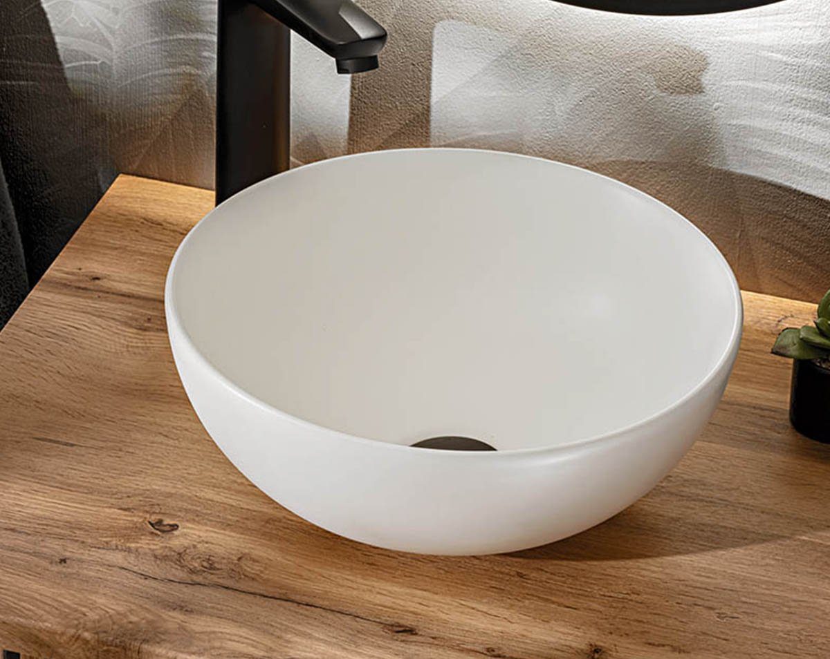 einfachgutemoebel Waschtisch-Set Aufsatz-Waschbecken 32 x 32xm rund, Schale Keramik, weiß-matt, (Waschbecken, 1-St., Waschbecken)