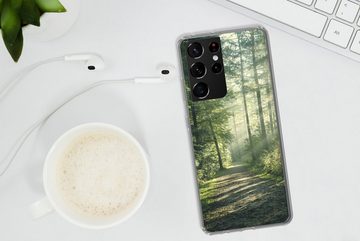 MuchoWow Handyhülle Wald - Weg - Sonne - Bäume - Grün - Natur, Phone Case, Handyhülle Samsung Galaxy S21 Ultra, Silikon, Schutzhülle