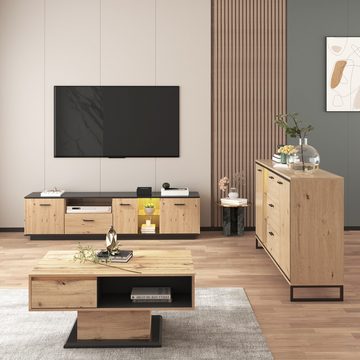 REDOM TV-Schrank Mit einer Schublade,drei Türen, zwei offene Fächer mit Glas TV-Möbel (180 L x 40 B x 45 H(cm) Schwarze und natürliche Holzfarben, 15 variable LED-Leuchten.