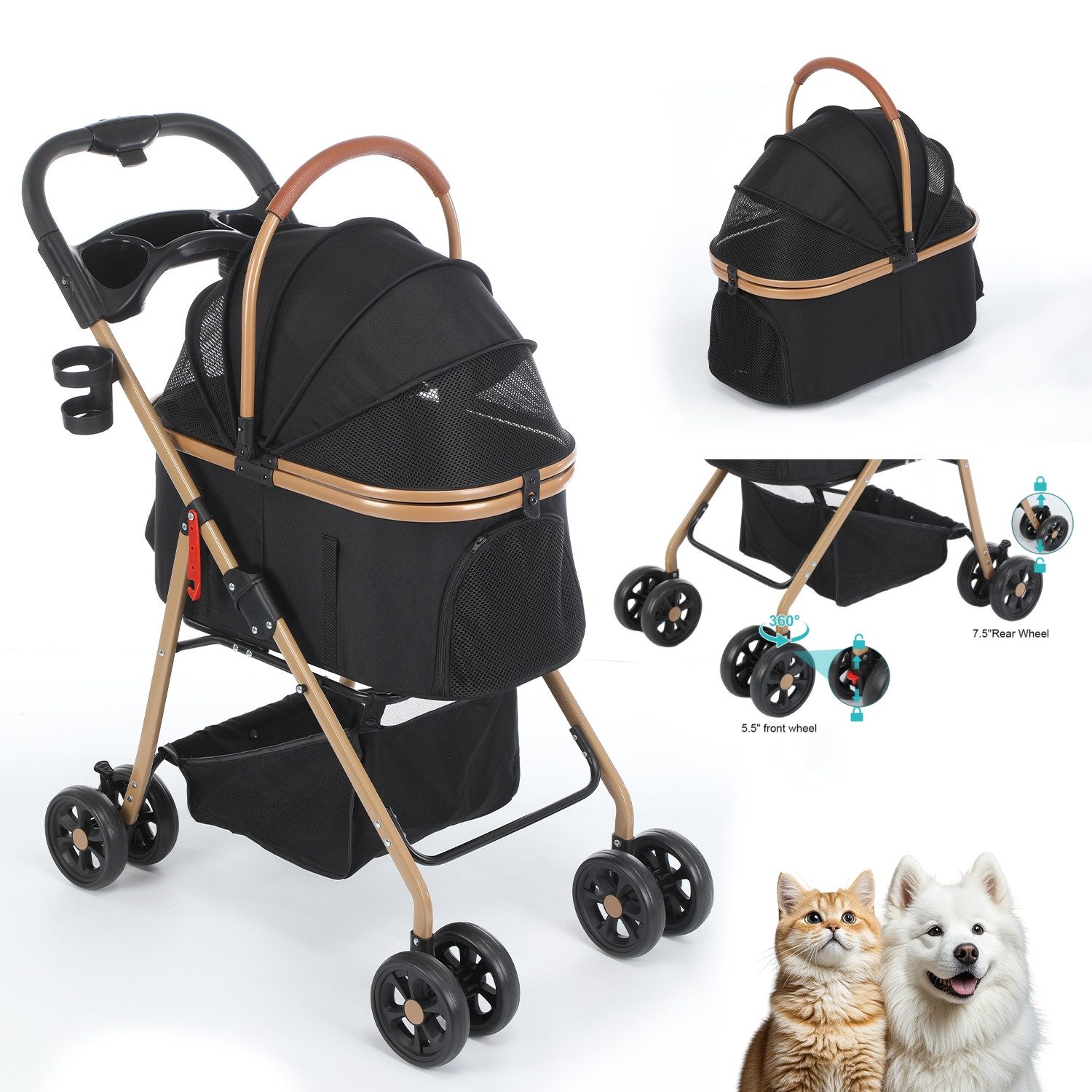 oyajia Hundebuggy klappbar,Leichtes Aluminium Gestell und atmungsaktives Mesh 360°Rollen, (Hundewagen, Hundebuggy klappbar, Hundewagen für große hunde), Klappbar,Hundewagen für große Hunde Katzen,Stoßfest und bequem