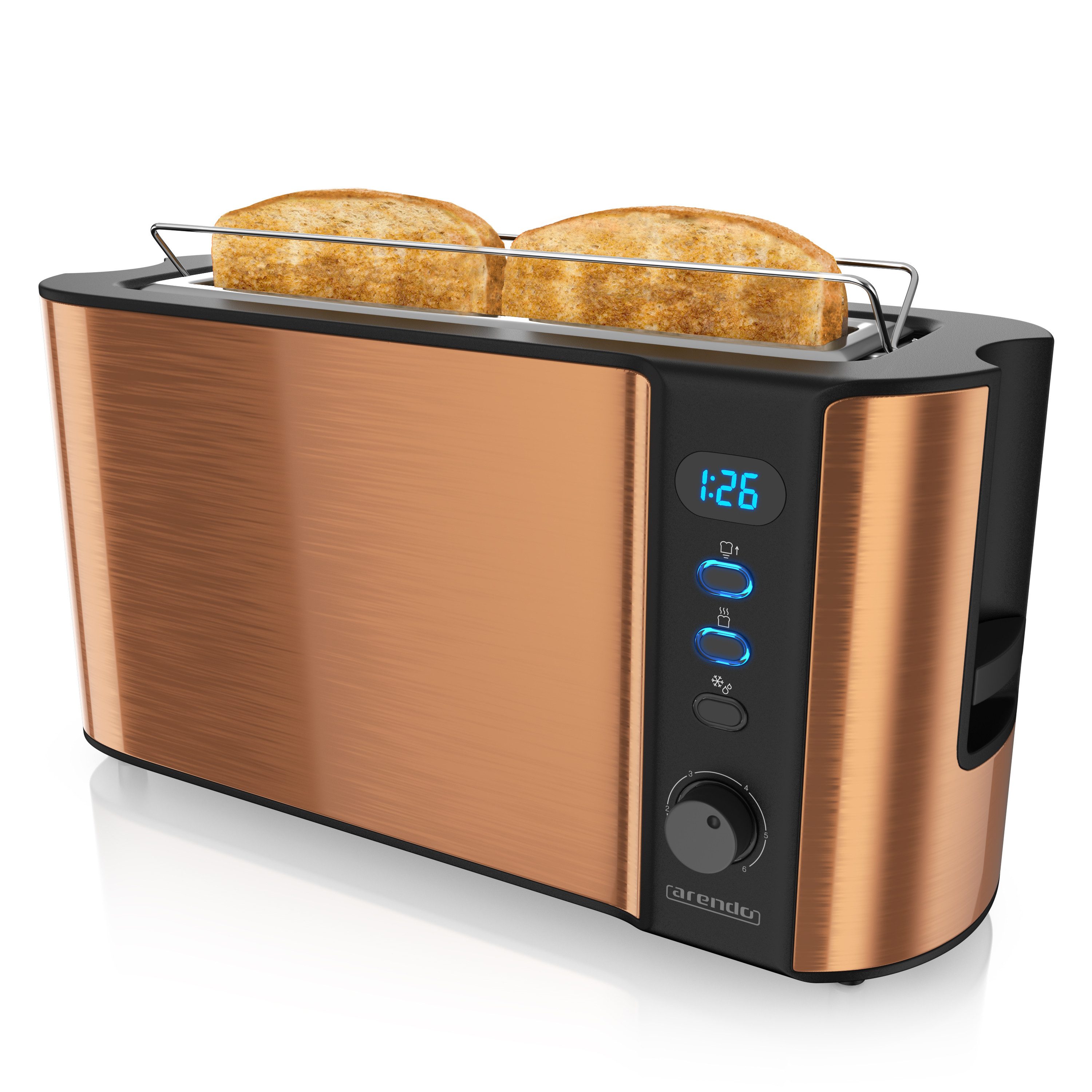 Arendo Toaster Edelstahl, Langschlitz, Display mit Restzeitanzeige, Brötchenaufsatz, 1 langer Schlitz, für 2 Scheiben, 1000 W, Defrost Funktion, Wärmeisolierendes Gehäuse, Krümelschublade