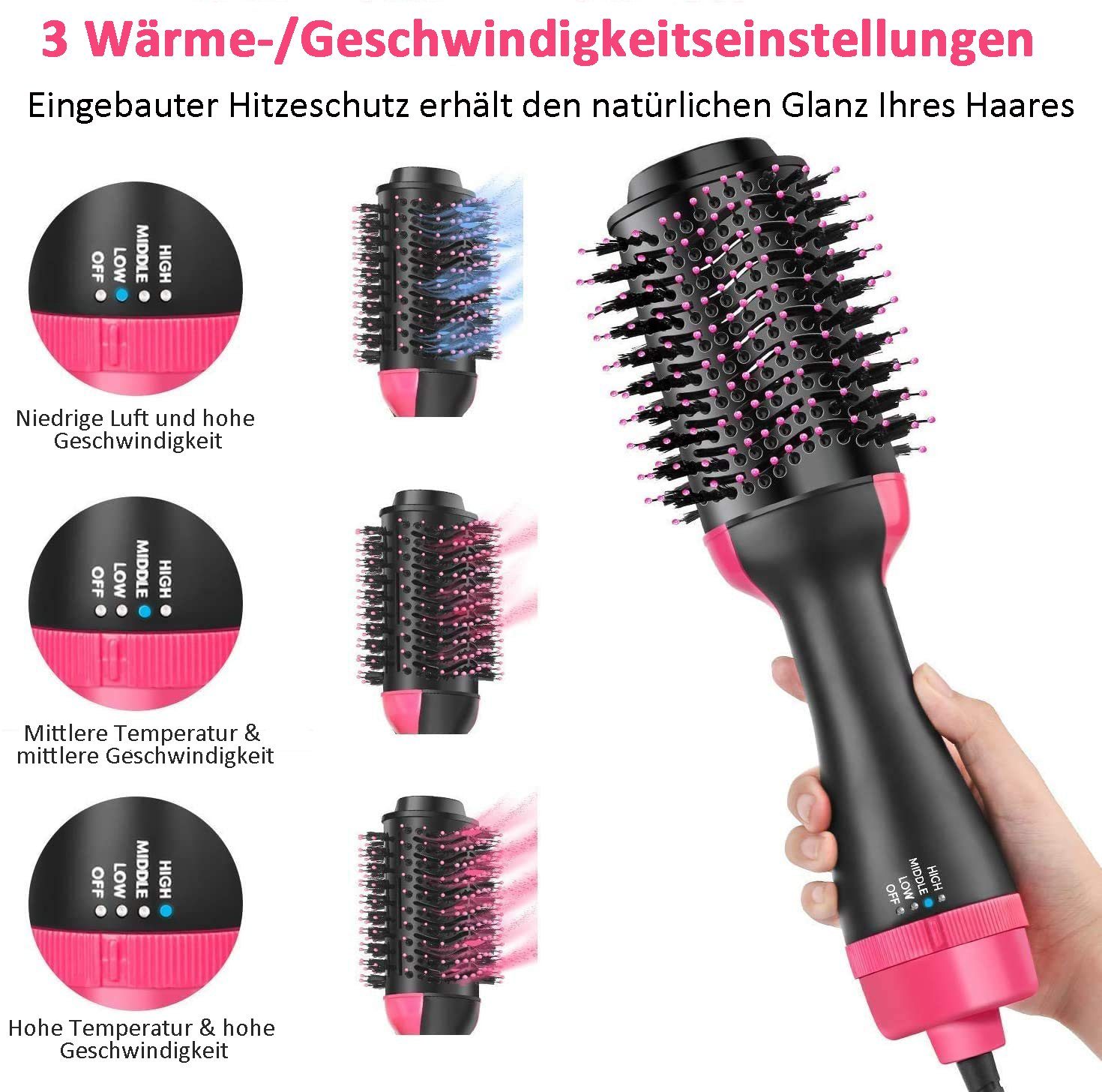 1, Volumizer Locken, Haartrocknerbürste, Negativ-Ionen-Keramik-Föhnbürste in Salon Styler Haartrockner Haiaveng Heißluftbürste & 3 Warmluftbürste