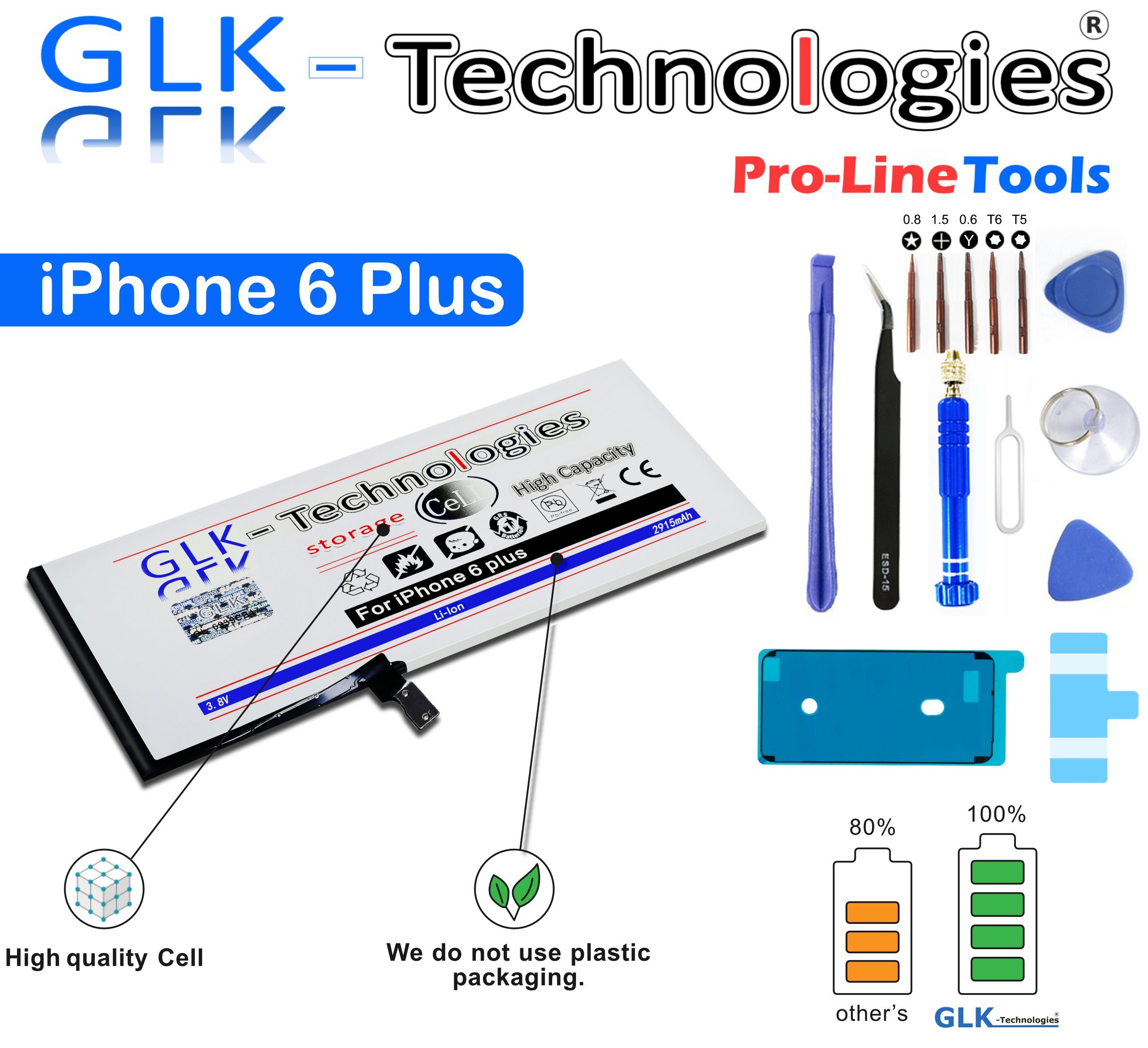 kompatibel V) 6 mit GLK-Technologies 2915 mAh mit Akku Ersatz (3,83 Plus Smartphone-Akku iPhone Öffnungswerkzeug Verbesserter