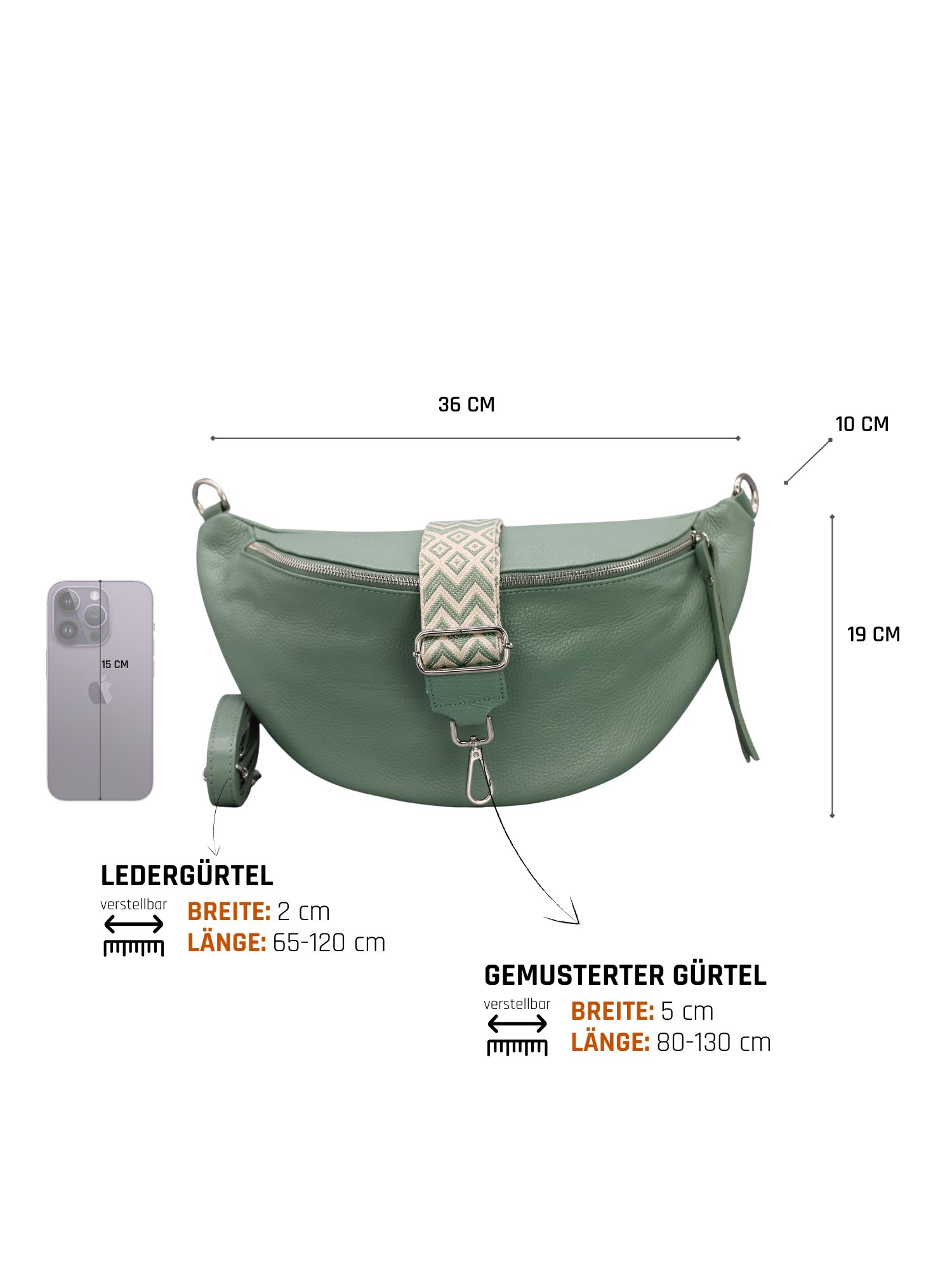 Adel Bags Schultertasche EMMA XL Umhängetasche Crossbody Bag Gürteltasche mit 2 Riemen, echtes Leder, hergestellt in Italien