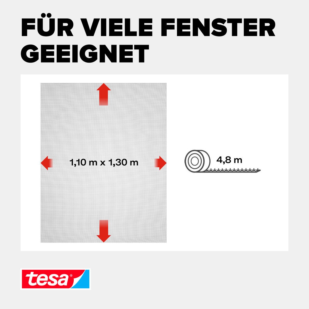 tesa Insektenschutz-Fensterrahmen Insect Stop Standard Fliegengitter für Fenster - 1.1 m :1.3 m, (Packung, 1-St., Fliegennetz, Klettband), Insektenschutzgitter -Fliegenetz ohne Bohren -zuschneidbar