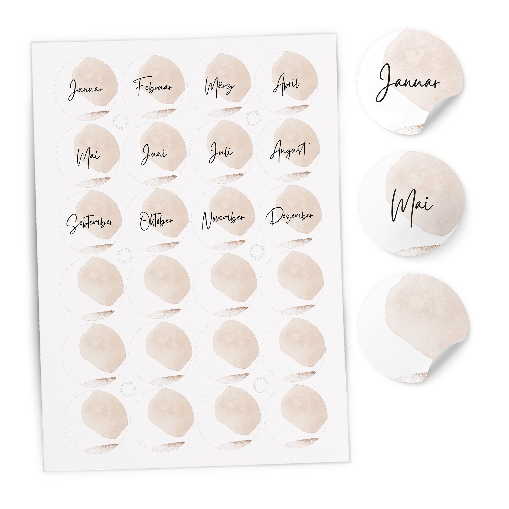 NORDEULE Aufkleber Monate Januar bis Dezember, 12 Monate & 12 Blanko im Set Beige, (24tlg), ideal für Geburtstagsgeschenke, DIY, Monatskalender, Jahrestag, Paare