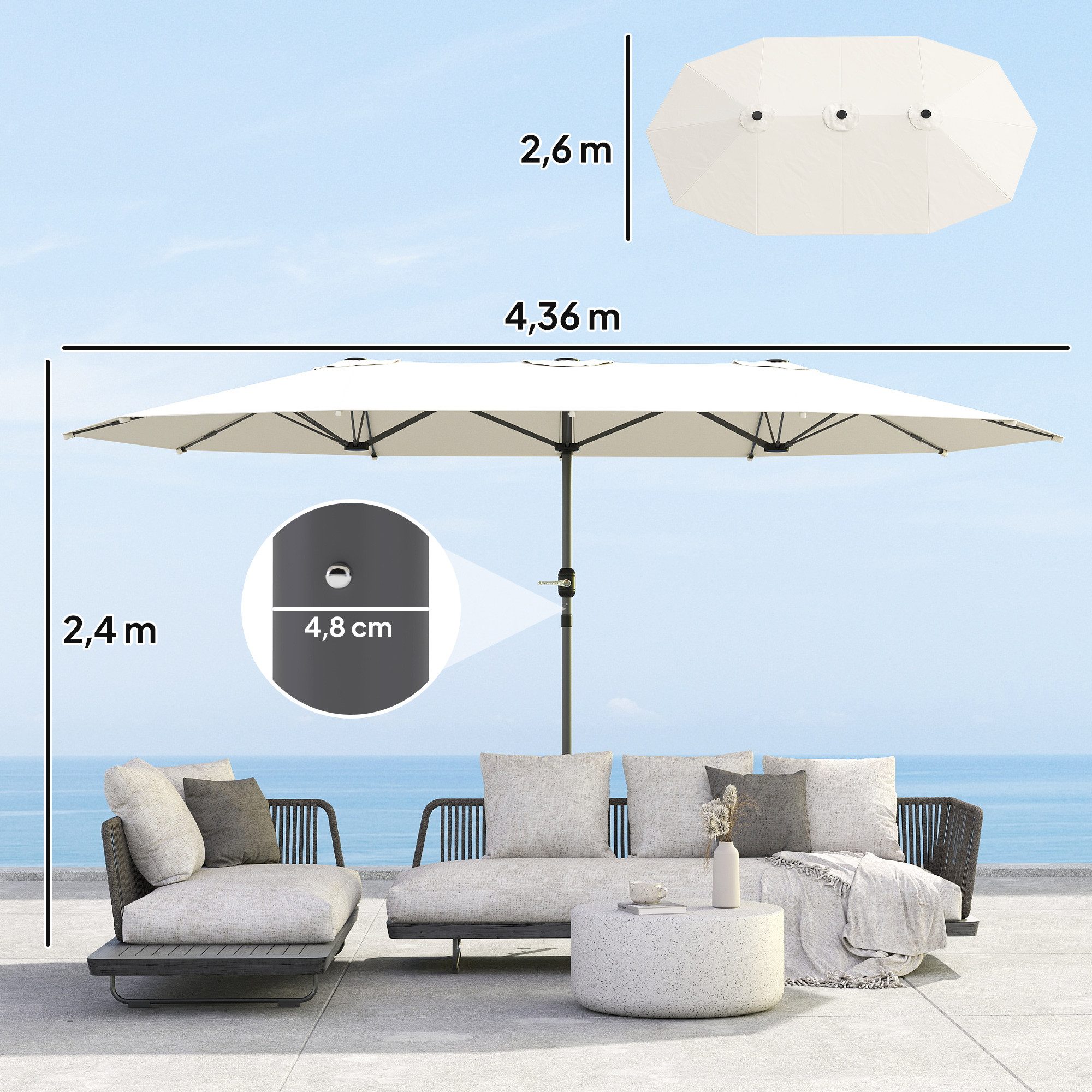 Outsunny Sonnenschirm 436 x 260 cm, UV Schutz, aus Stahl, mit Handkurbel, LxB: 436x260 cm, Doppelsonnenschirm, oval Balkonschirm, für Strand, Balkon, Garten, Beige