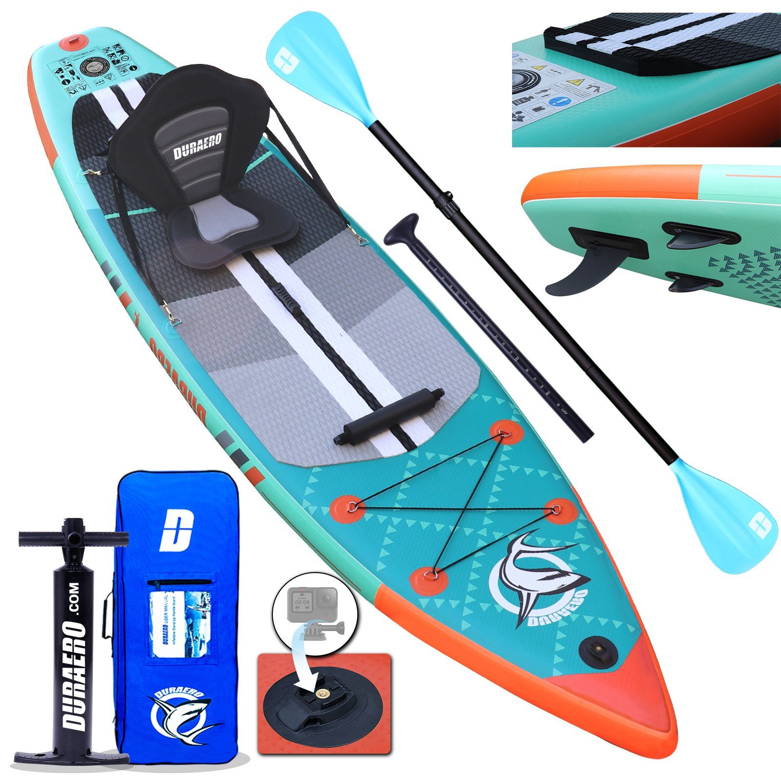DURAERO Inflatable SUP-Board Stand up Paddling Board, Action-Cam Halterung, 330x76x15cm, bis 150kg | SUP-Boards