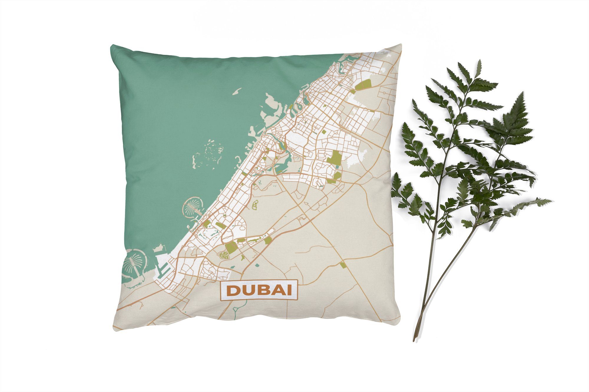 MuchoWow Dekokissen Dubai - Karte - Stadtplan - Vintage, Zierkissen mit Füllung für Wohzimmer, Schlafzimmer, Deko, Sofakissen