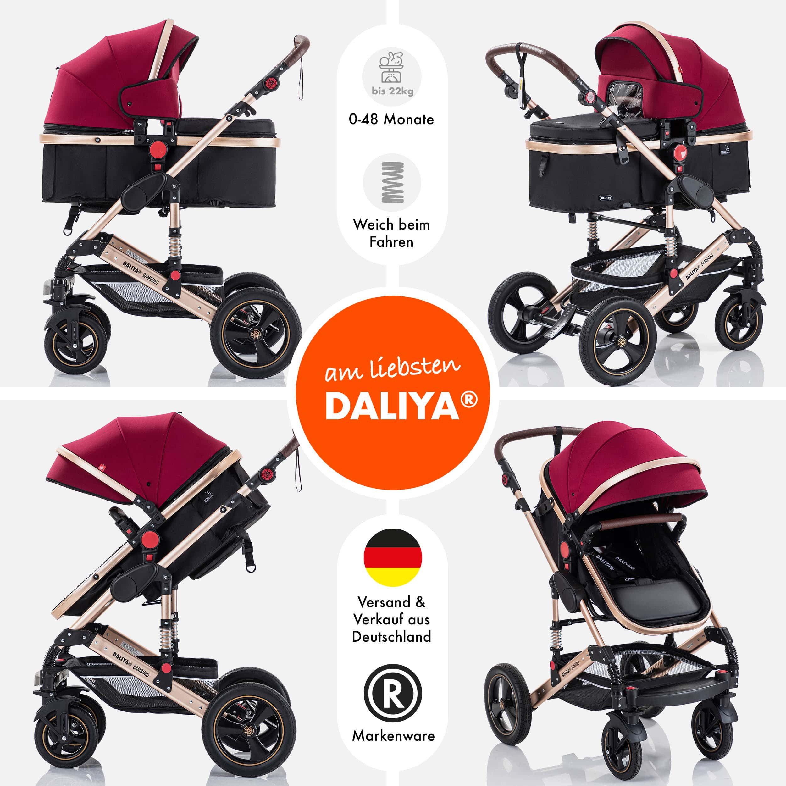 Daliya® Kombi-Kinderwagen BAMBIMO 2in1 Kinderwagen & Buggy, Babywanne und Sportsitz, Alu-Rahmen, (Grundausstattung für Babys, 9-tlg), Großer Einkaufskorb, Federung, weiche Matratze, Belüftungssystem