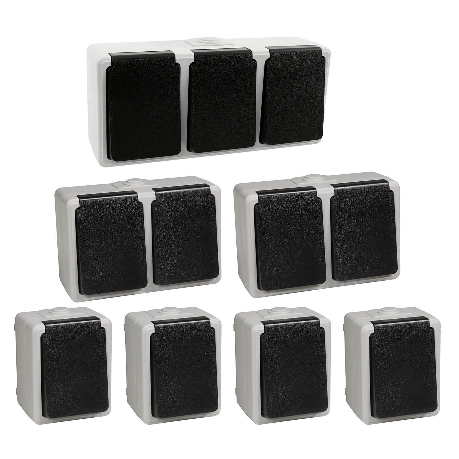 ETT Marketing GmbH Aufputz-Steckdose TAFF Feuchtraum Steckdosen Set 7 teilig IP44 1-fach 2-fach 3-fach