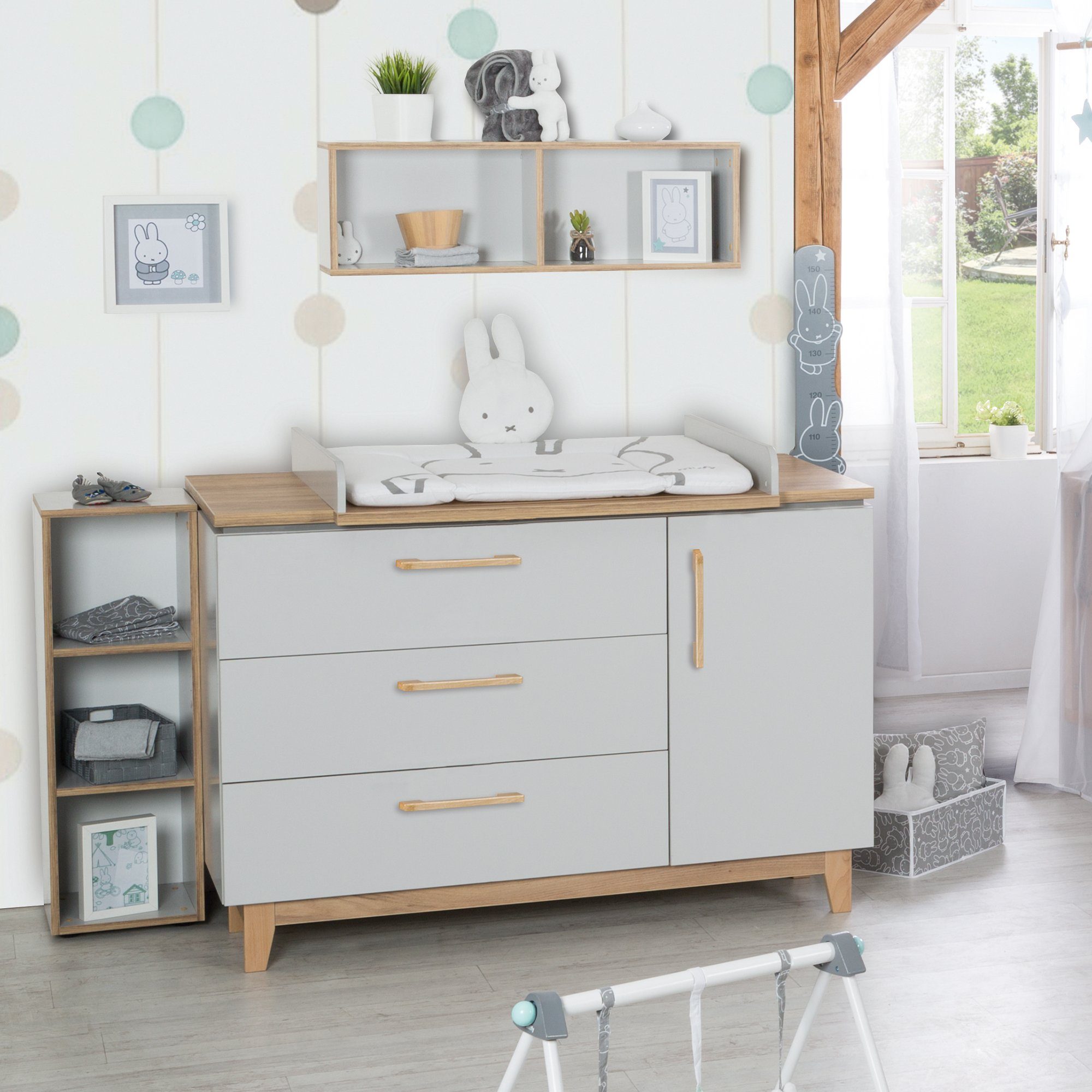 roba® Wickelkommode Caro - Grau / Holz, Wickeltisch mit Aufsatz - Tür & 3 Schubladen