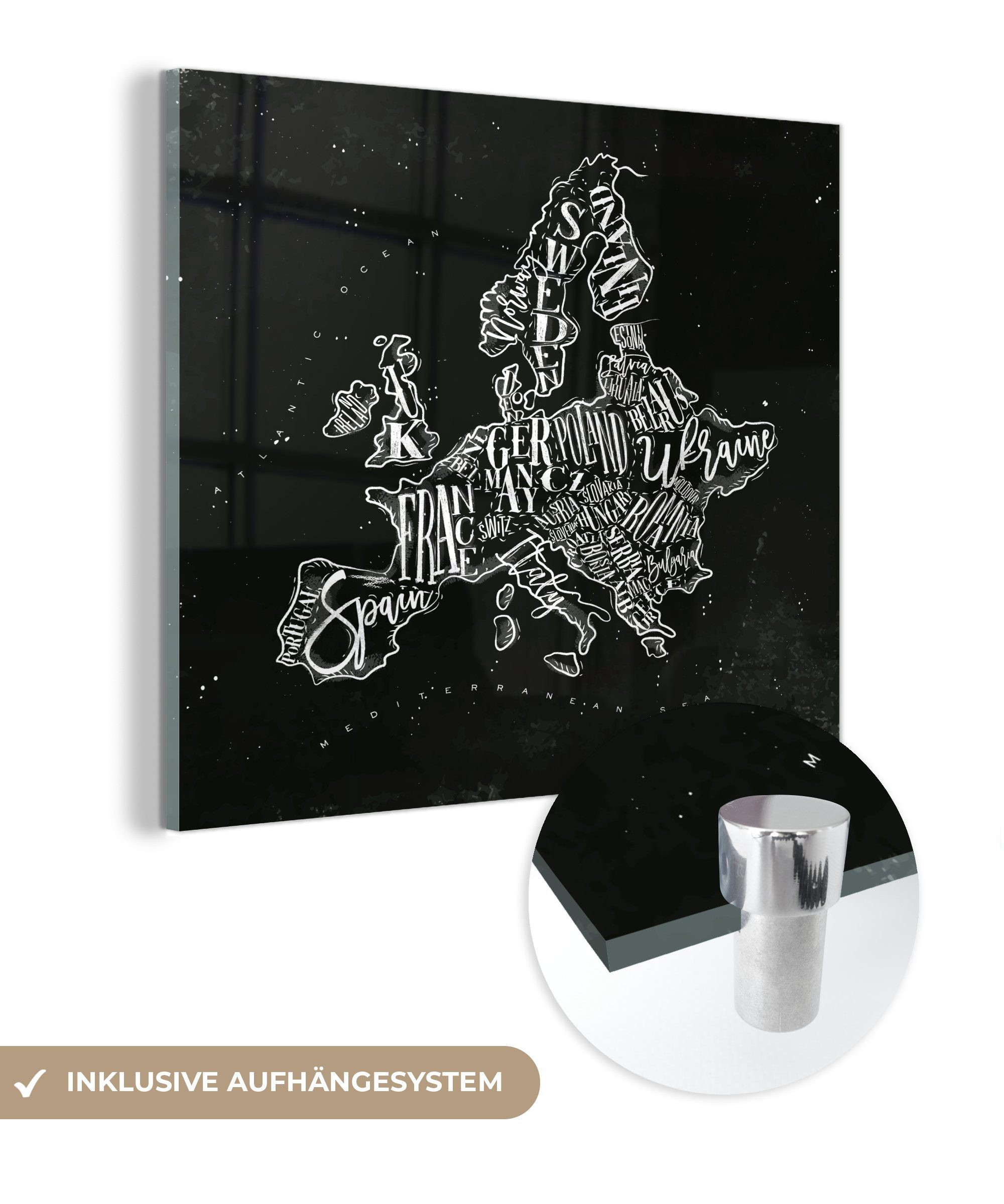 MuchoWow Acrylglasbild Karte - Europa - Schwarz - Weiß, (1 St), Glasbilder - Bilder auf Glas Wandbild - Foto auf Glas - Wanddekoration