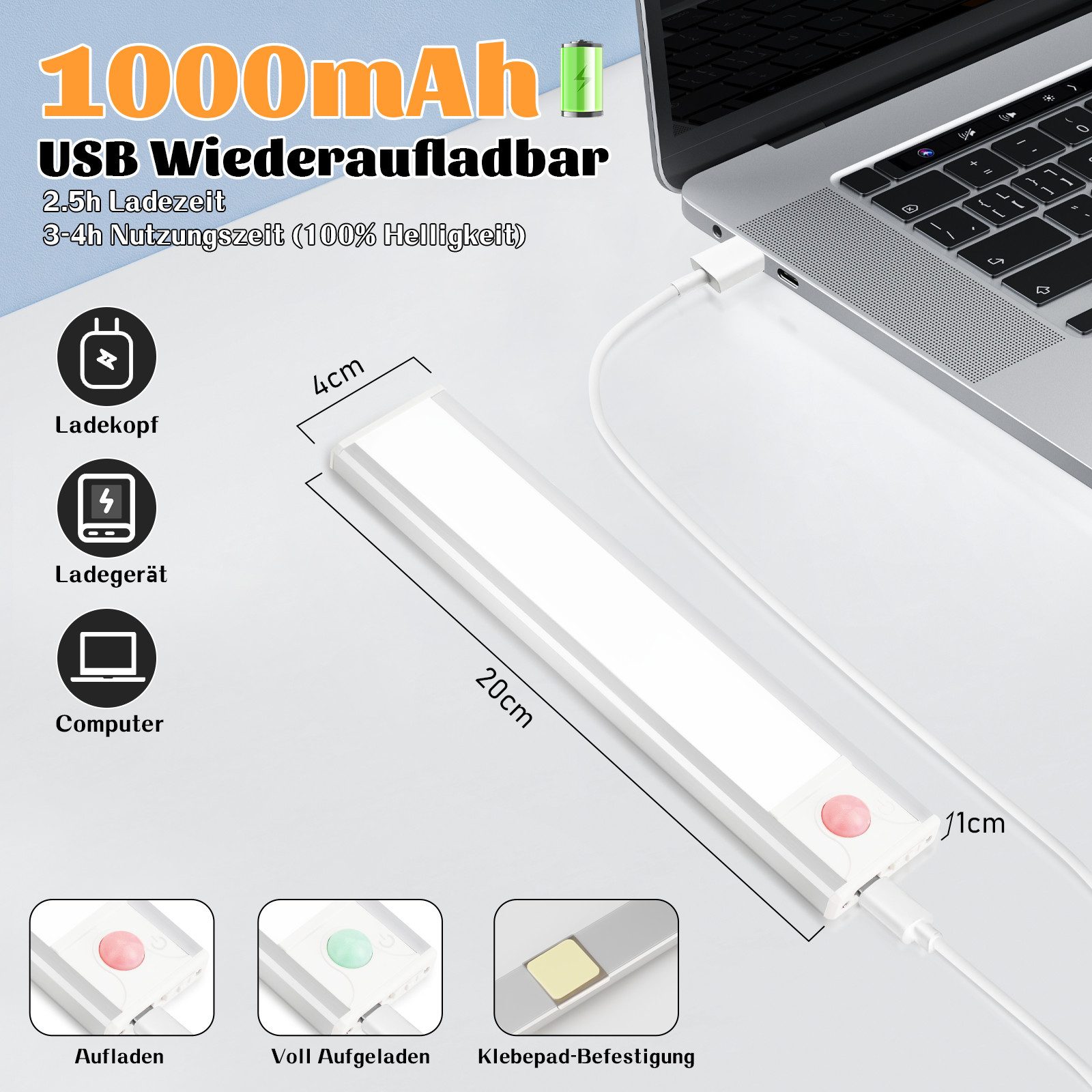 Nettlife LED Unterbauleuchte mit Bewegungsmelder 20/30/40CM Küche Schrankbeleuchtung Dimmbar USB, Dimmbar, LED fest integriert, 3 Farbtemperatur Aufladbar Schrankleuchte für Flur Cabinet
