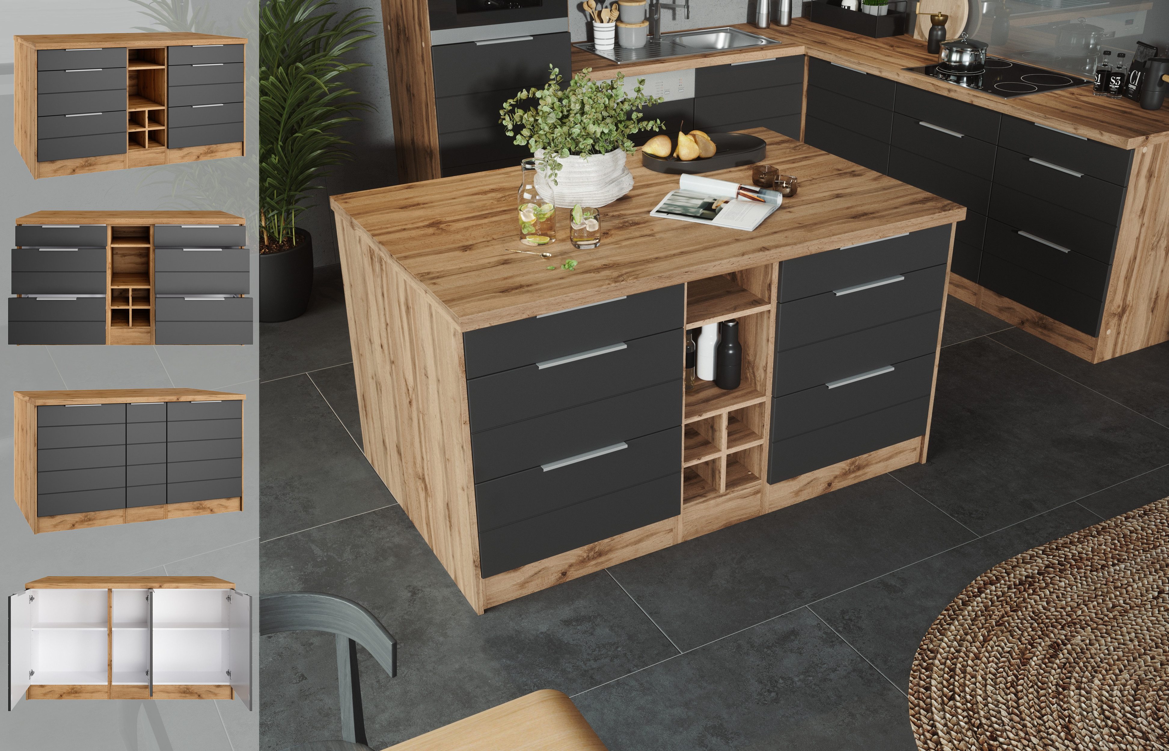 KOCHSTATION Kücheninsel KS-Luhe, Breite 153 cm, mit Flaschenregal, MDF-Fronten, Arbeitsplatte 38mm stark