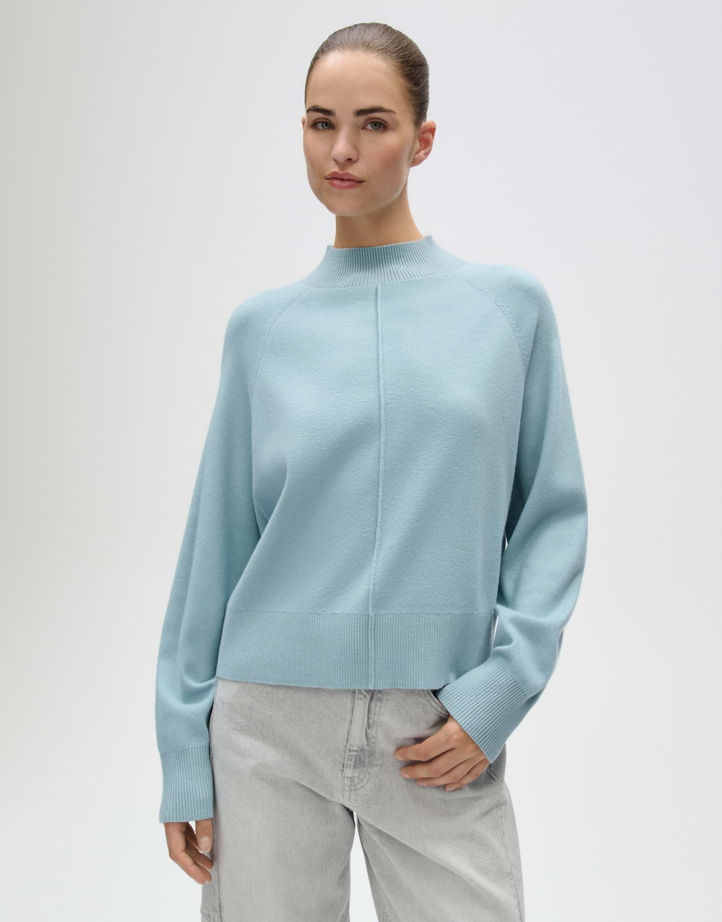 OPUS Strickpullover Pleem aus Feinstrick mit Rippstruktur Schmal zulaufende Form mit Stehkragen und weich fallender Rippstruktur