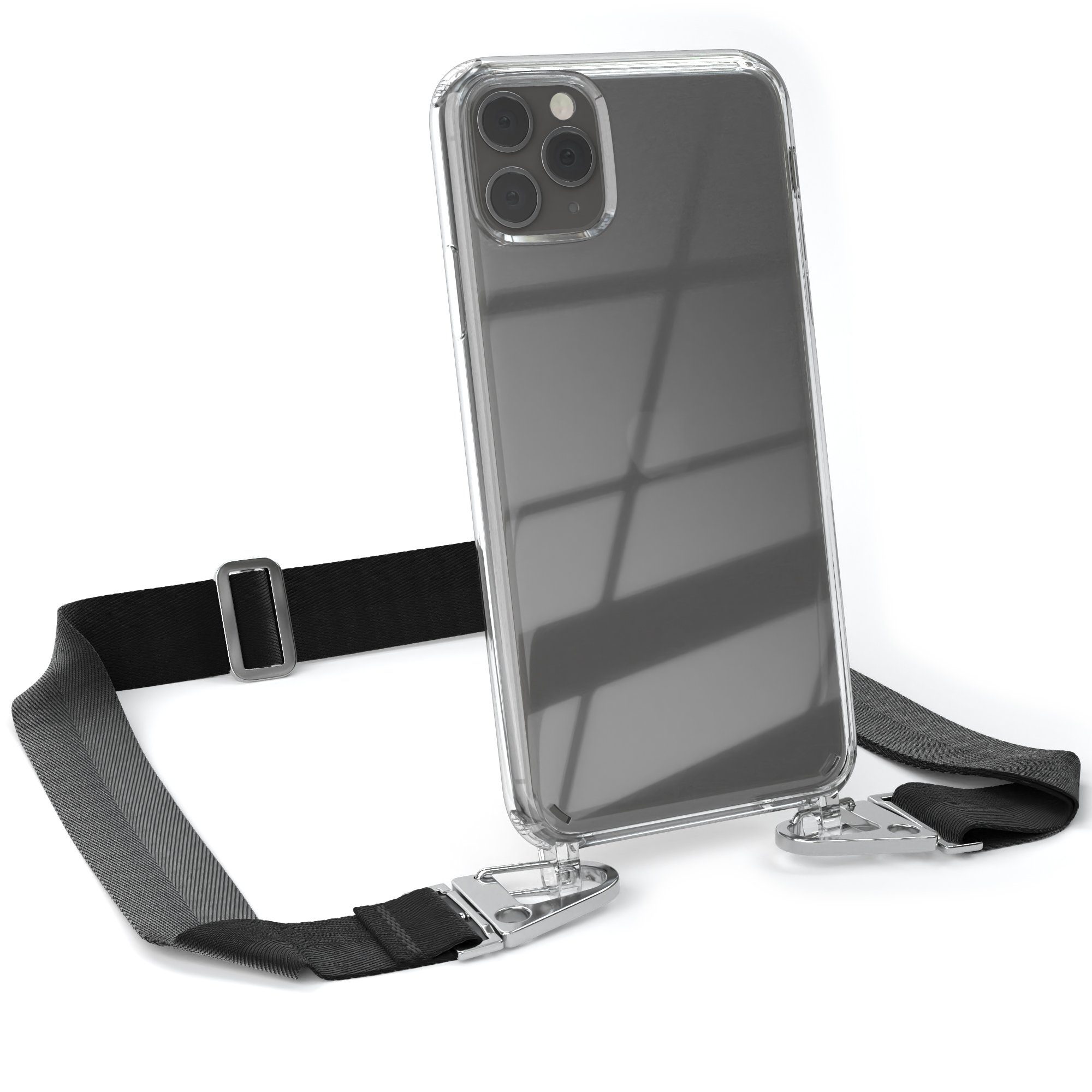 EAZY CASE Handykette Silikon Kette Karabiner für Apple iPhone 11 Pro Max 6,5 Zoll, Schutzhülle zum Umhängen Handyhülle mit Umhängeband Schwarz Silber
