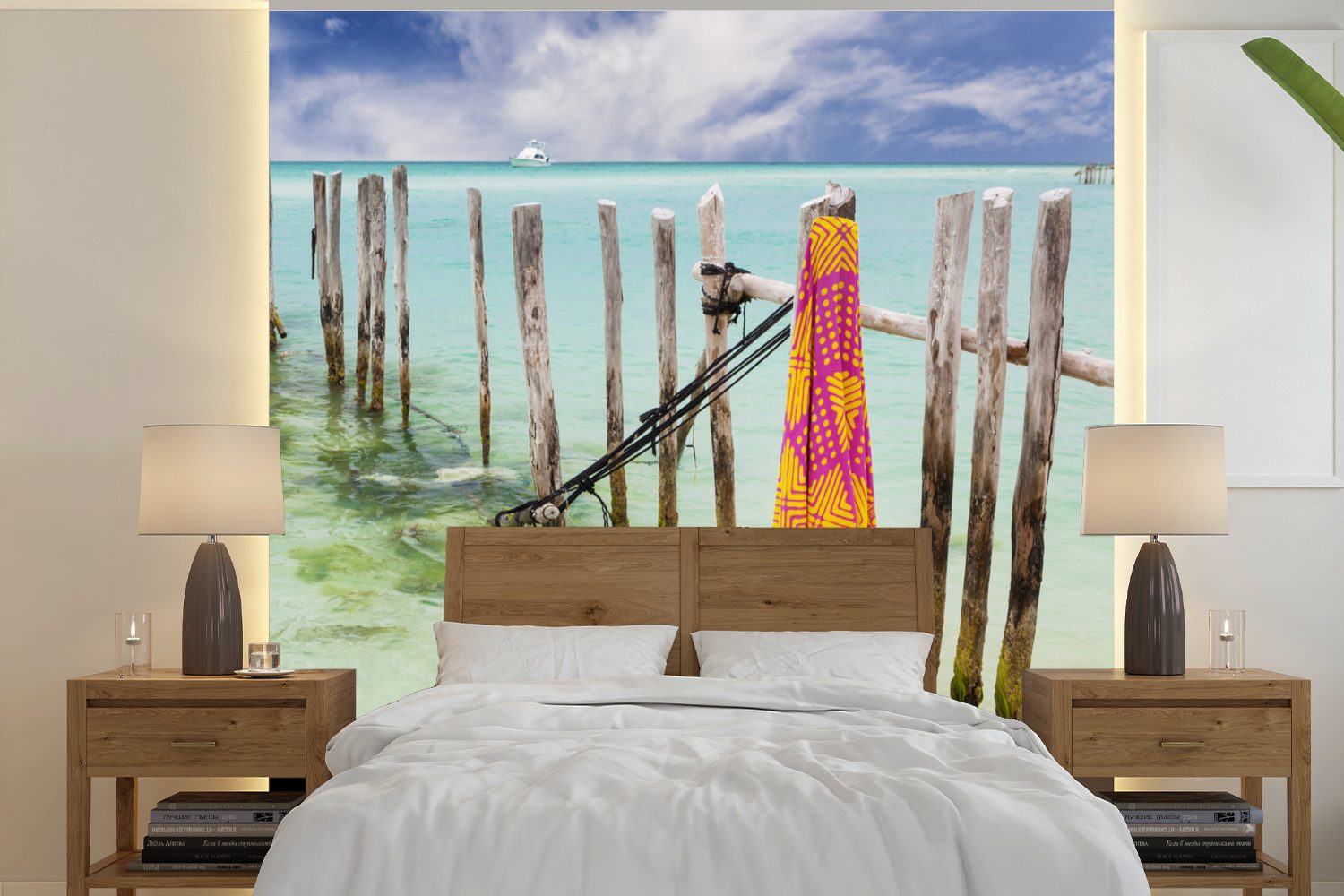 für im Holzpfähle Wandtapete der Insel Isla Meer Wohnzimmer oder Matt, MuchoWow Fototapete St), bedruckt, Tapete auf Mujeres, Karibischen Vinyl (5 Schlafzimmer,