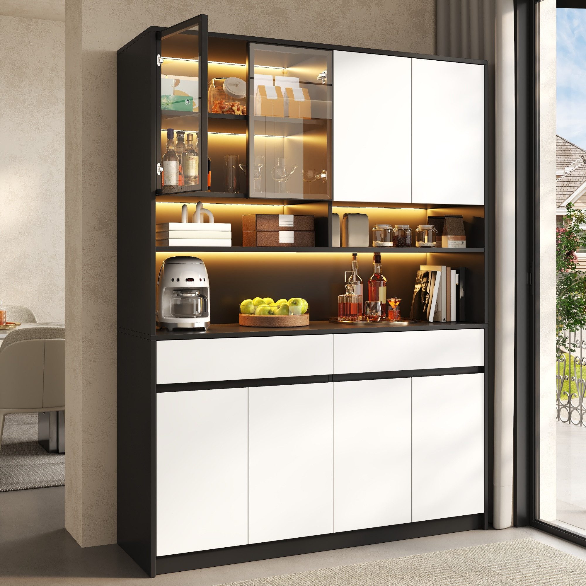 Merax Hochschrank mit LED-Beleuchtung, Glasvitrine, offenen Ablagen & Stauraum (1-St., 120 x 38 x 160 cm (L x B x H) Wohnzimmerschrank Sideboard Schrank mit APP-gesteuerter RGB LED
