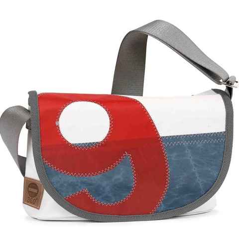 360Grad Handtasche Satchel,weiss,blauer Balken,Zahl rot,Gurt grau