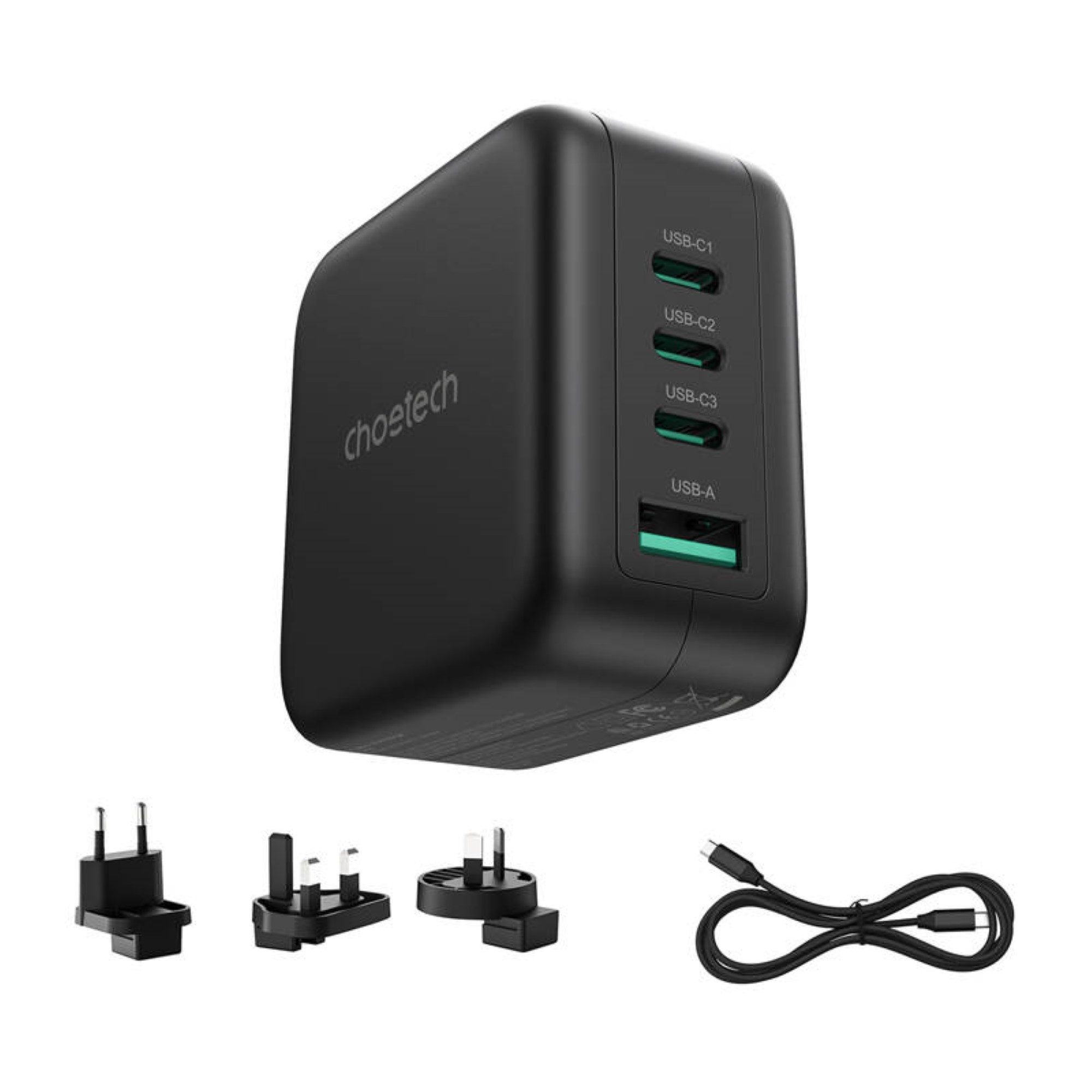 Choetech GaN-Netzladegerät mit US-, EU-, UK- und AU-Adapter 70W in Schwarz USB-Ladegerät