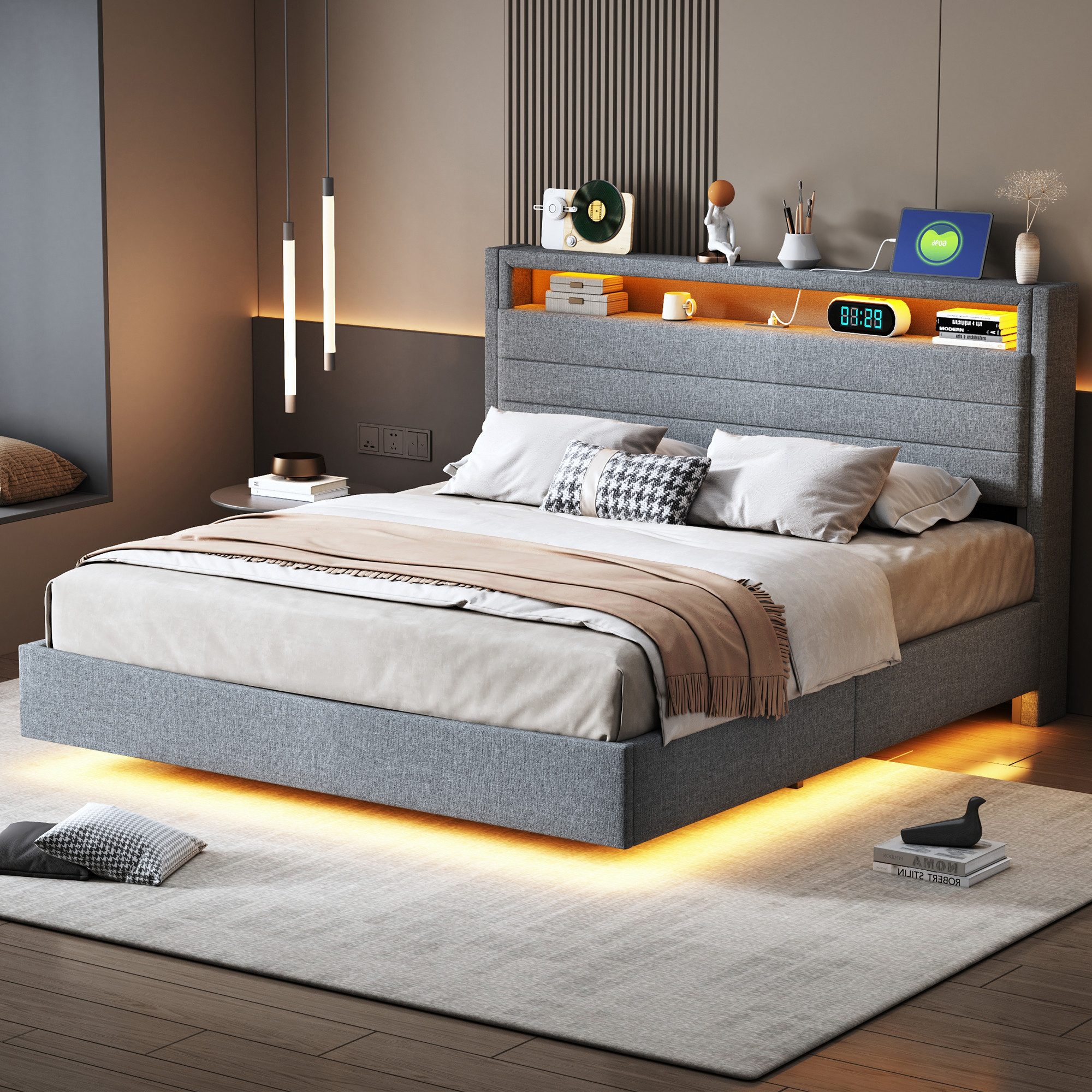 OKWISH Polsterbett Stauraumbett mit USB-Steckdose und LED-Licht, wendbares günstig online kaufen