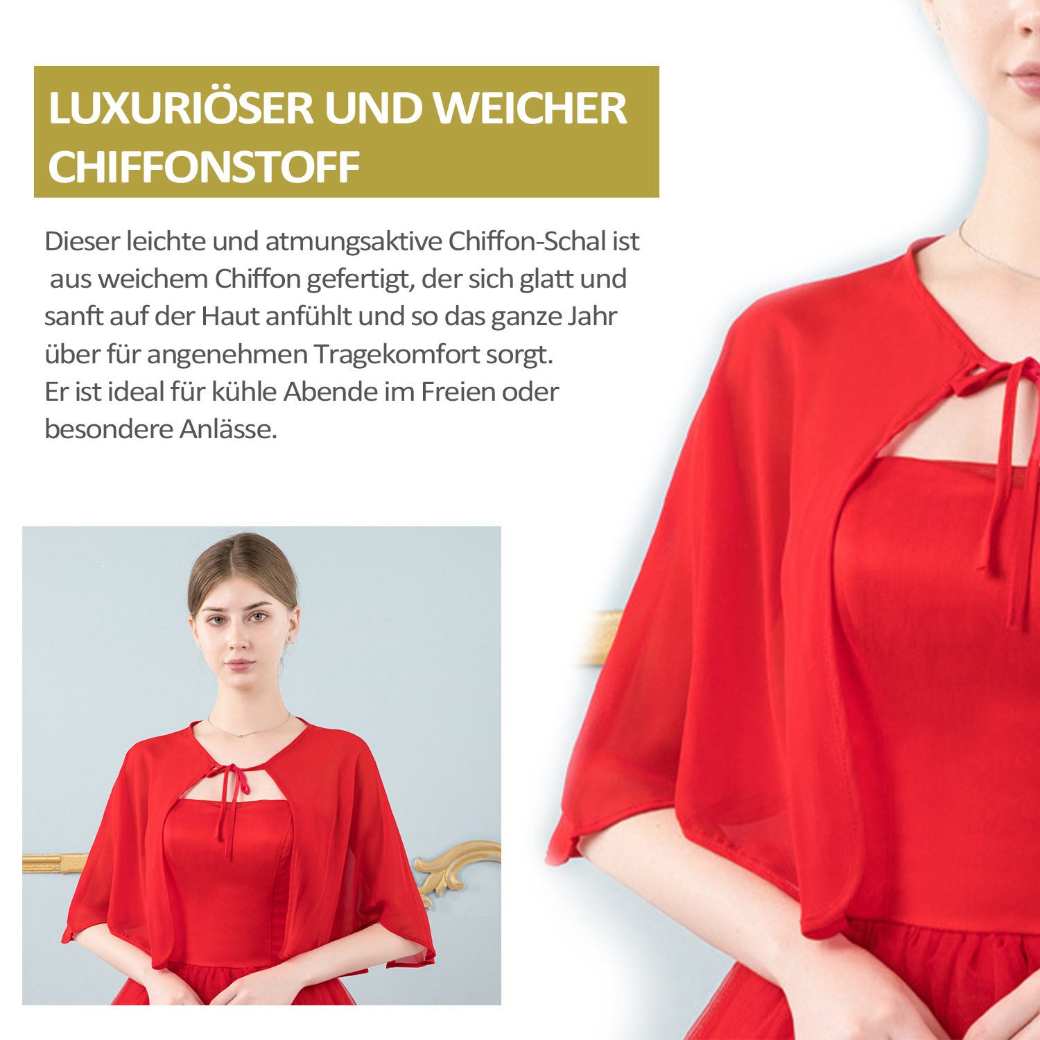 Refttenw Bolero Chiffon Bolero Damen Festlich Stola für Abendkleid, Sommer Strickjacke Brautjacke mit Band