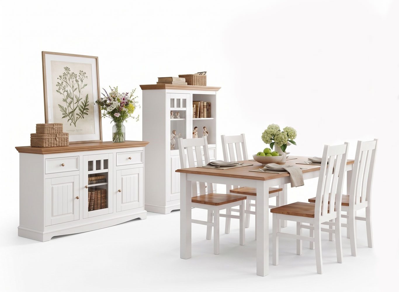 Feldmann-Wohnen Essgruppe Belluno Elegante, (7-teiliges Esszimmer-Set, mit Türen, mit Schubladen, mit Glaseinsatz, 7-tlg., 7-teiliges Esszimmer-Set, mit Türen, mit Schubladen, mit Glaseinsatz), 7-teilig Massivholz Kiefer Weiß / Gebeizt Eiche