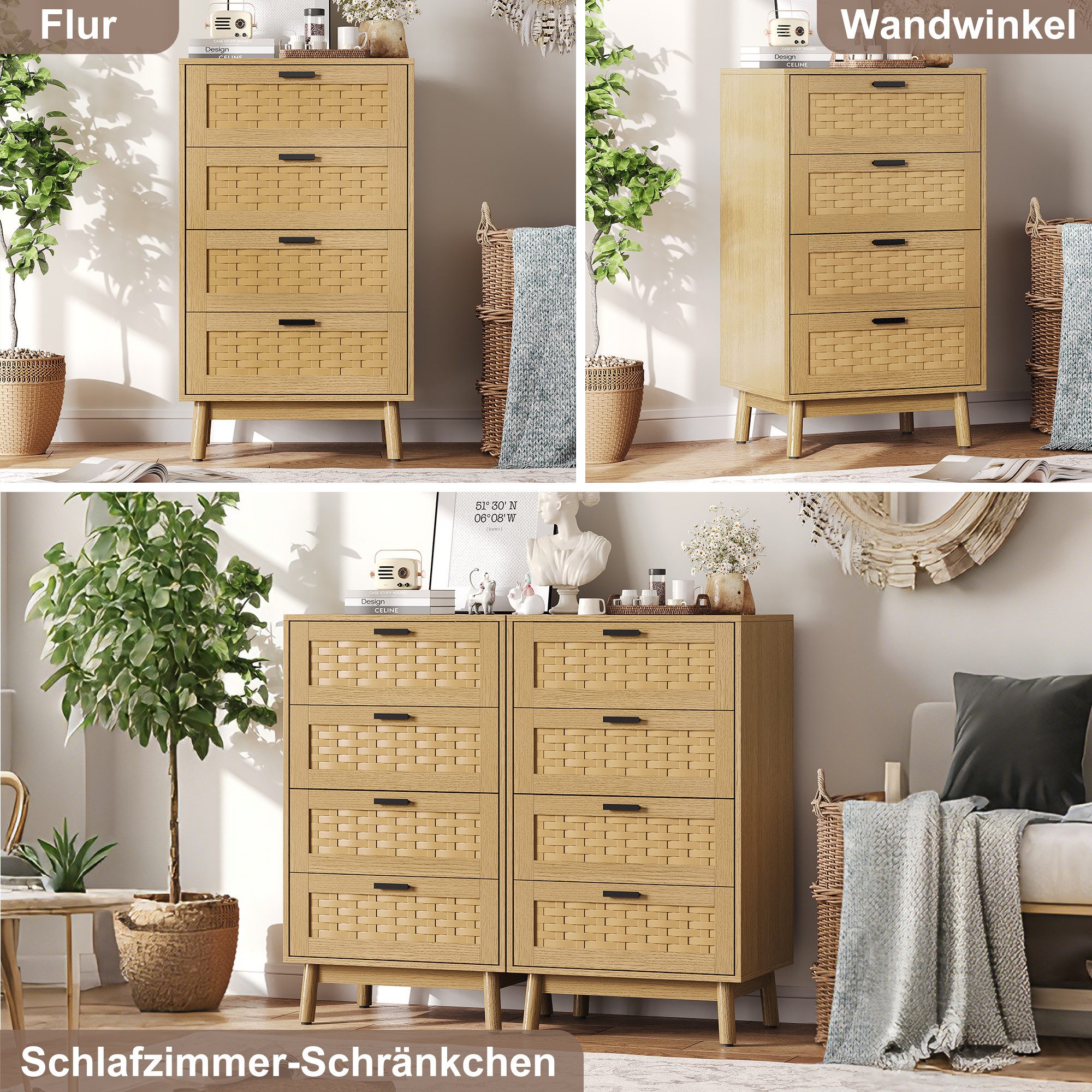 FUROKOY Kommode Sideboard mit 4 Schubladen Rattanschrank Küchenschrank, Schlafzimmerschrank Holz,Eichenfarbe