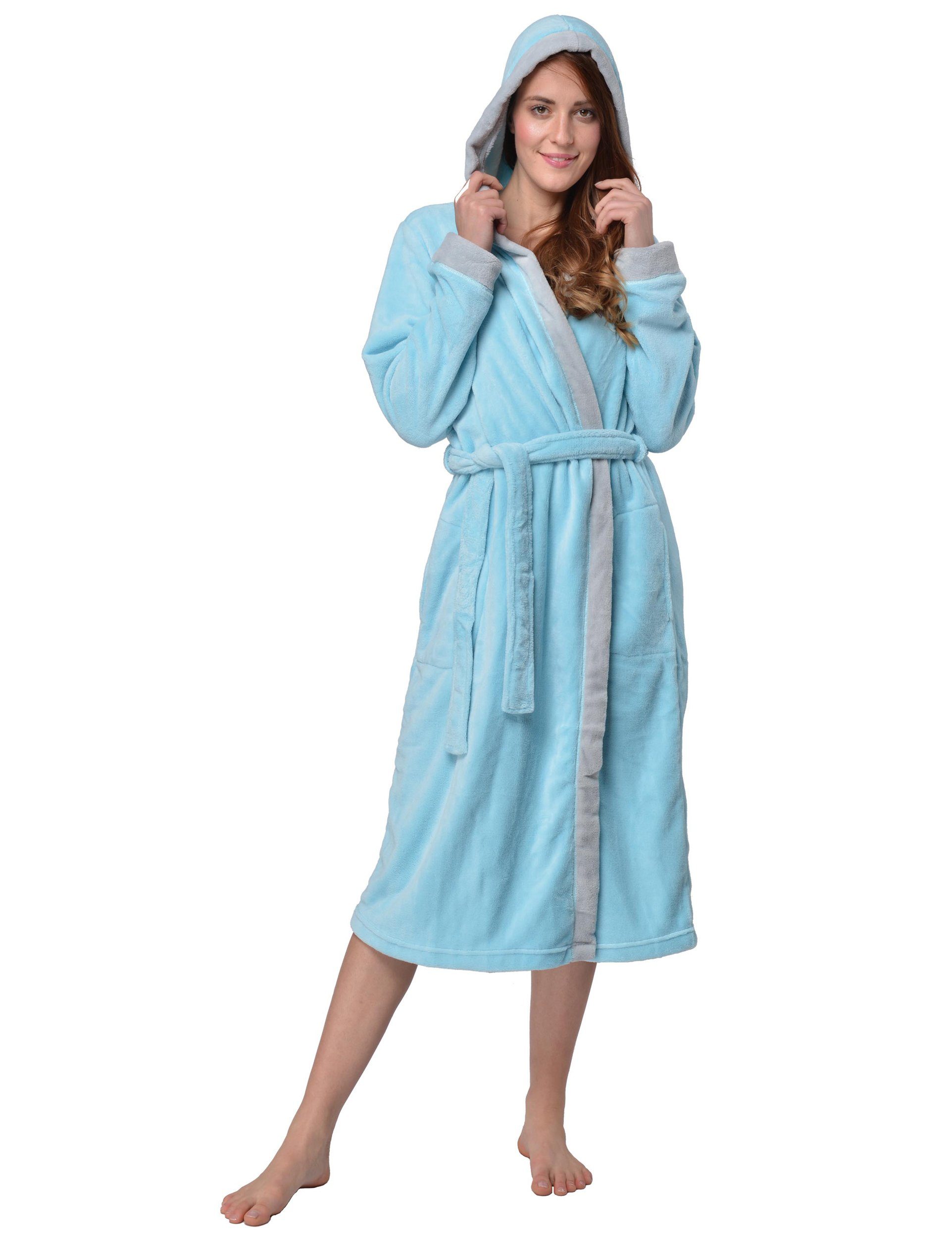 RAIKOU Damenbademantel Damen Bademantel mit Kapuze Coral-Fleece Flausch Relax Kuschelfrottee, Polyester, Kapuze, Gürtel, mit Kapuze