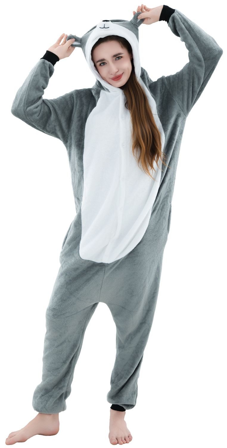Corimori Partyanzug Onesie Ganzkörper Kostüm für Erwachsene, Husky-Kostüm Damen Herren Karneval Tier-Kostüme Husky Hund Wolf,L