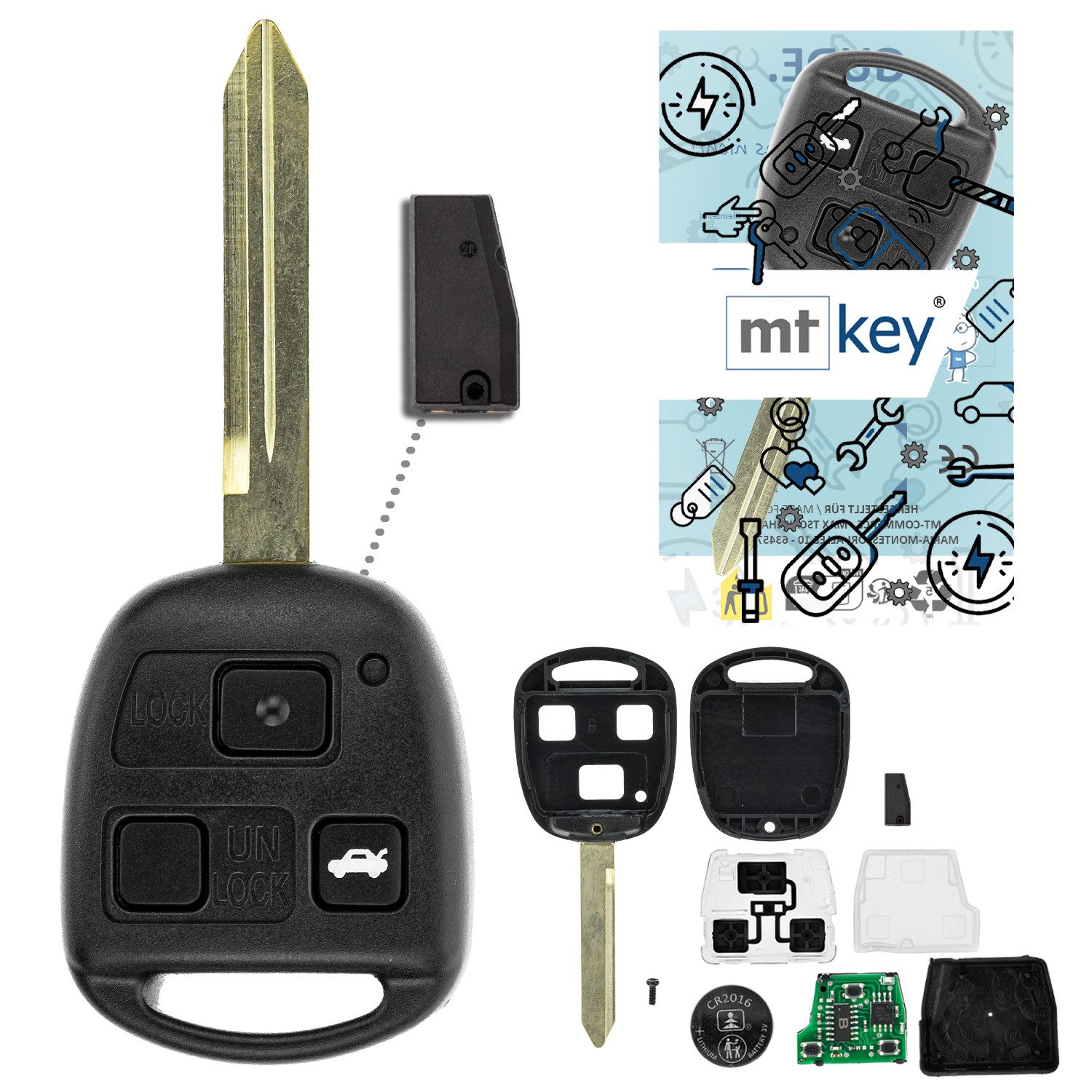 mt-key Schlüsseltasche Auto Funk Schlüssel Fernbedienung TOY47 434MHZ ID67 (Set), für Toyota Highlander (U20, 04–07); Land Cruiser (J120, 02–09)