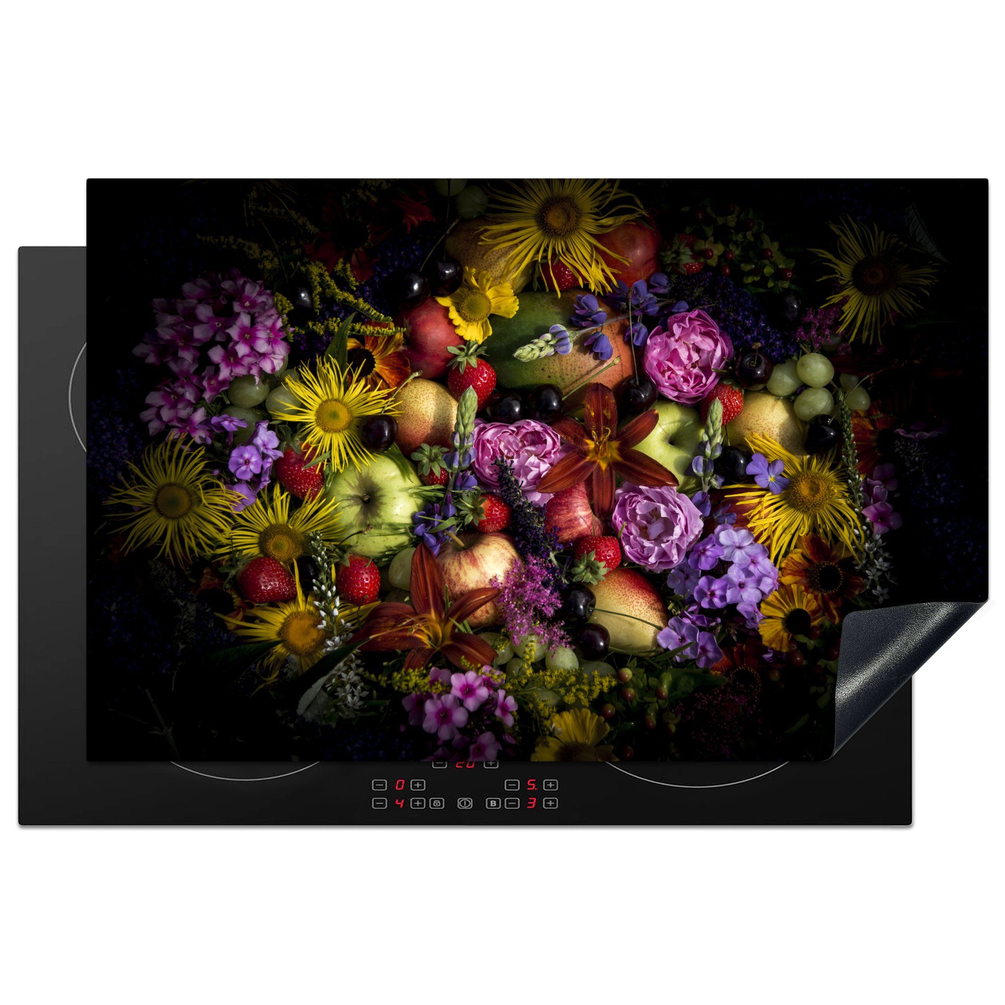 MuchoWow Herdblende-/Abdeckplatte Stilleben mit Blumen und Früchten, Vinyl, (1 tlg), 81x52 cm, Induktionskochfeld Schutz für die küche, Ceranfeldabdeckung