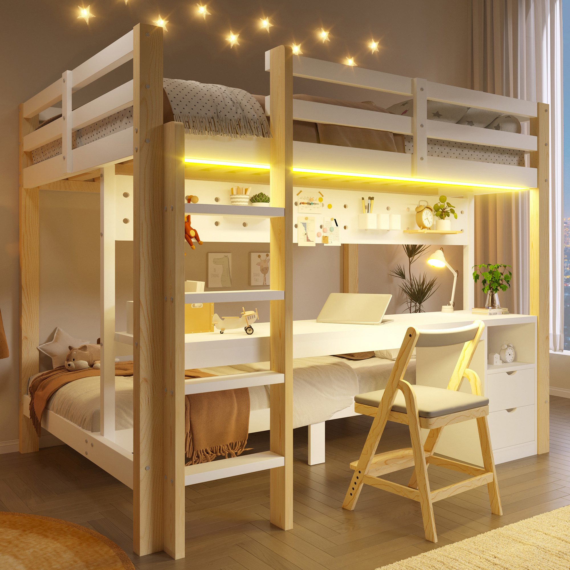 Flieks Etagenbett, Kinderbett 90+140x200cm mit Lichtleiste, Schreibtisch und 2 Schubladen