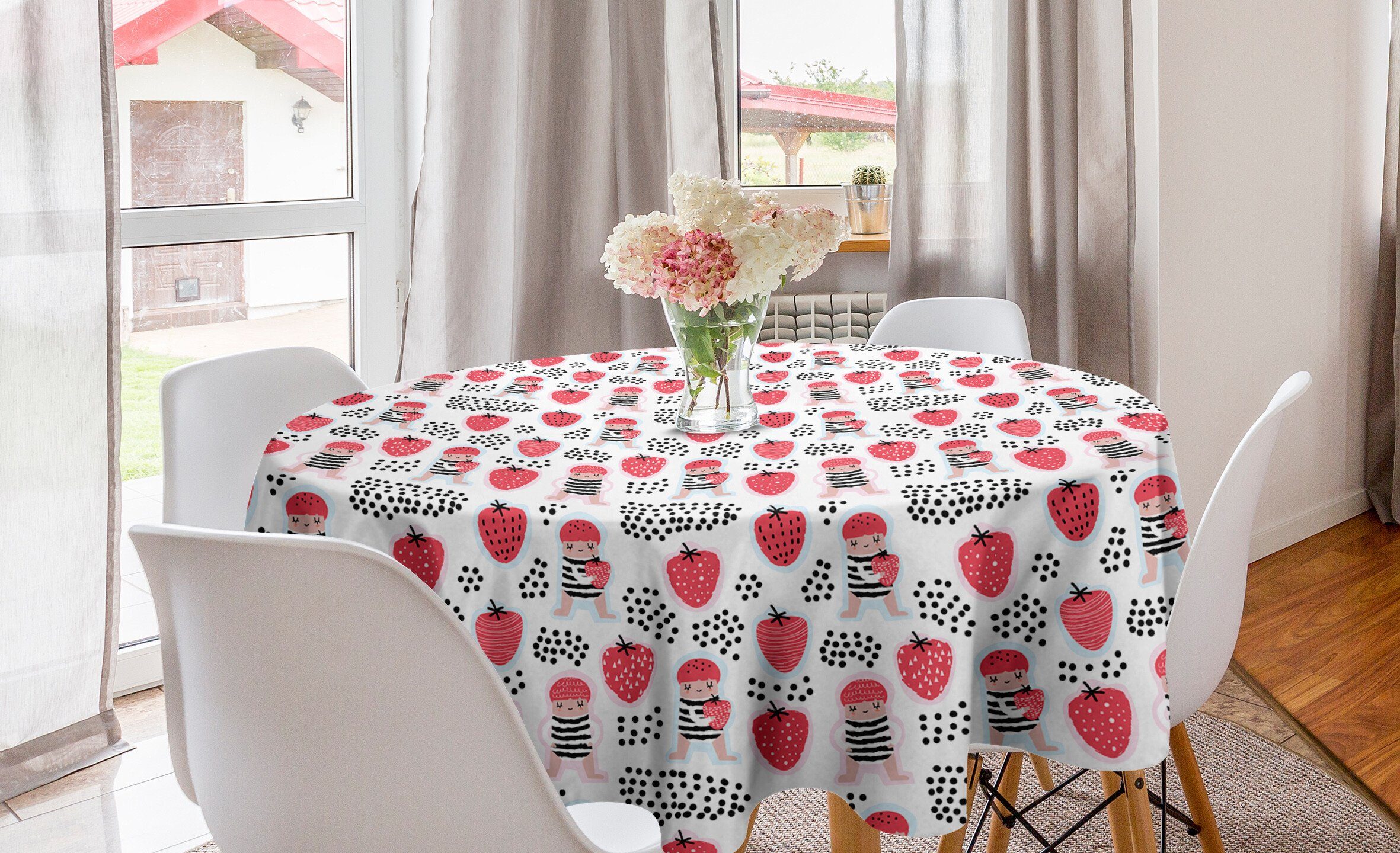 Abakuhaus Tischdecke Kreis Tischdecke Abdeckung für Esszimmer Küche Dekoration, Kindisch Mädchen in Strawberry Garden