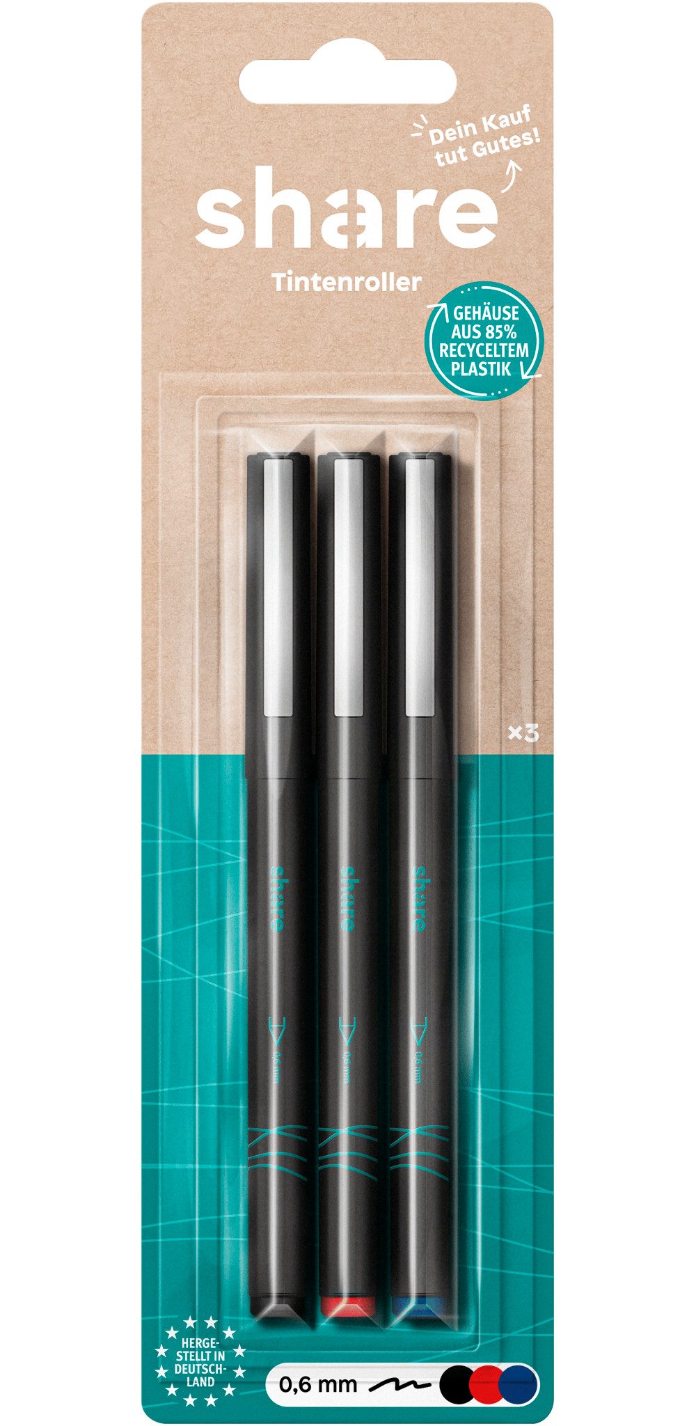 share Gelroller Tintenroller schwarz-rot-blau, 3er-Set