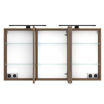Lomadox Badmöbel-Set SORRENT-03, (Spar-Set, 3-St., Spiegelschrank Doppelwaschtisch Midischrank), in Eiche, Doppelwaschtisch schwarz, LED Spiegelschrank