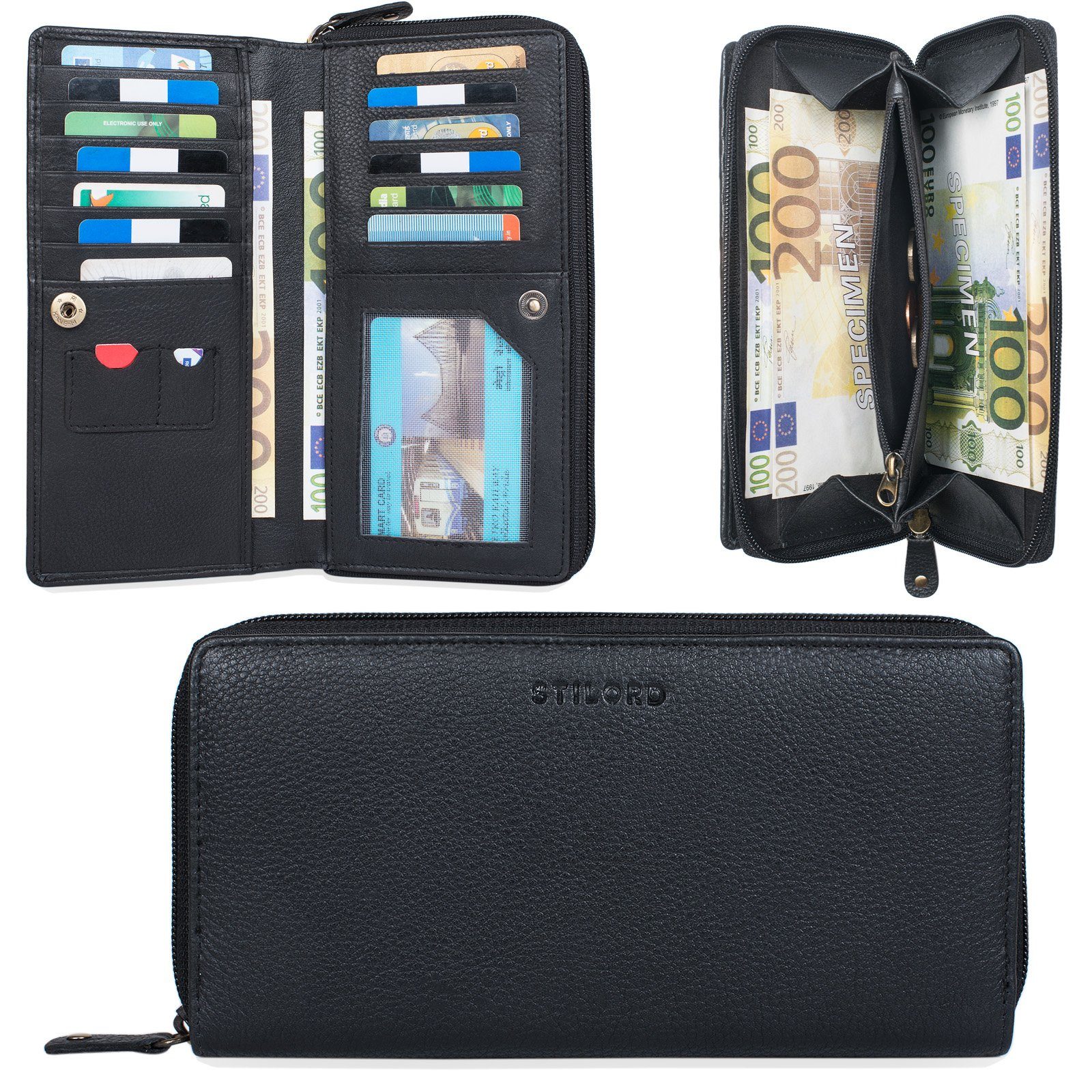 Damen NFC RFID STILORD Leder "Dana" schwarz Geldbörse Geldbörse anti lang