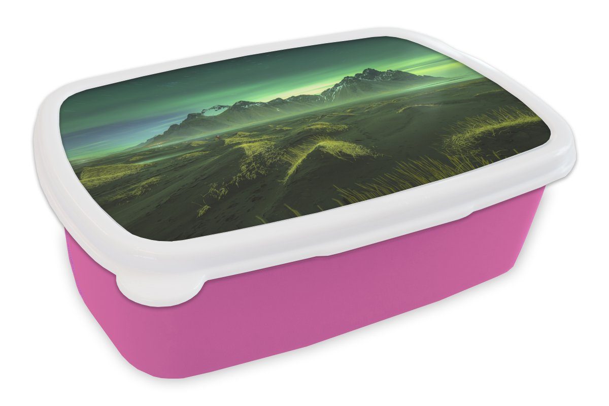 MuchoWow Lunchbox Nordlichter - Berg - Grün - Island, Kunststoff, (2-tlg), Brotbox für Erwachsene, Brotdose Kinder, Snackbox, Mädchen, Kunststoff rosa