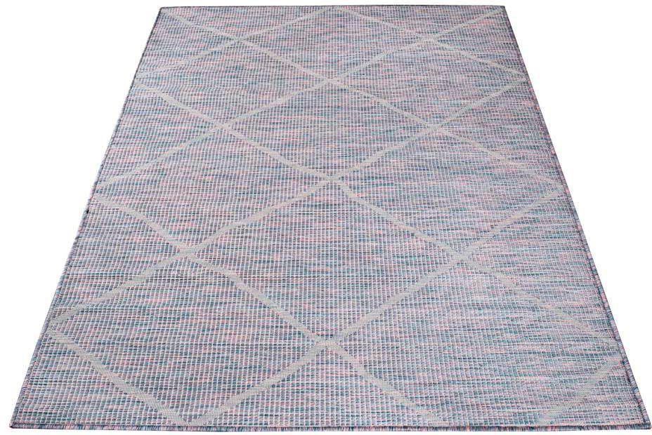 Teppich Palm, Carpet City, rechteckig, Höhe: 5 mm, Wetterfest & UV-beständig, für Balkon, Terrasse, Küche, flach gewebt blau/pink | Kurzflor-Teppiche