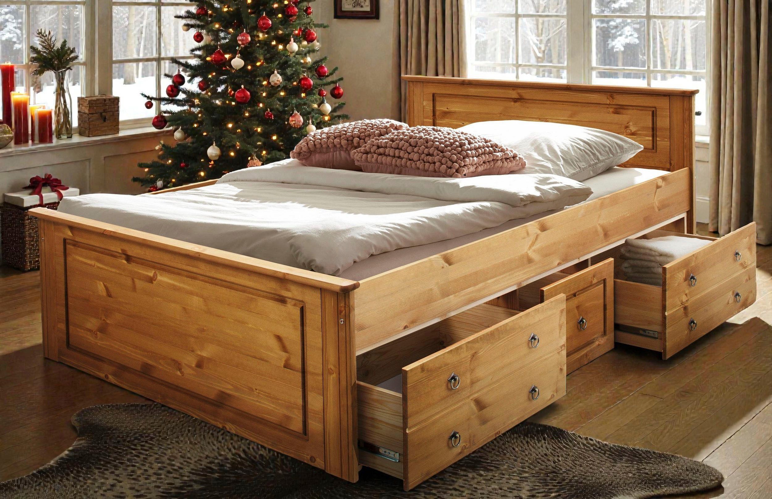 OTTO home Massivholzbett Hugo, hohe Belastbarkeit! FSC® zertifiziertes Massivholz, Landhausstil (Breite/Belastbarkeit 180cm/200KG, 140cm/180KG), Stauraumbett aus massiver Kiefer