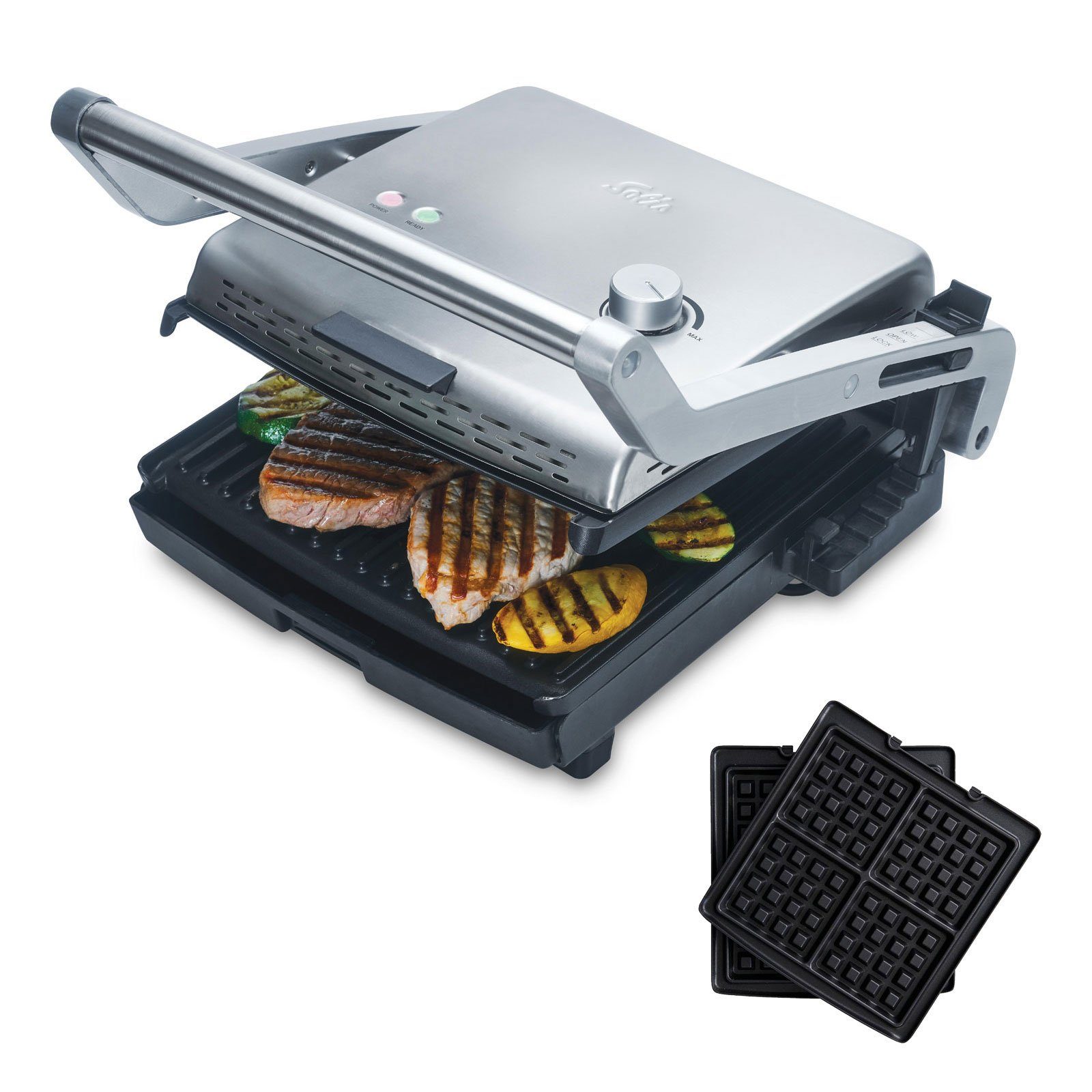 SOLIS OF SWITZERLAND Kontaktgrill 979.49 Grill & More 2 in 1 Kontaktgrill, 1800 W, inkl. Waffelplatten, beleuchteter Ein/Aus Hauptschalter