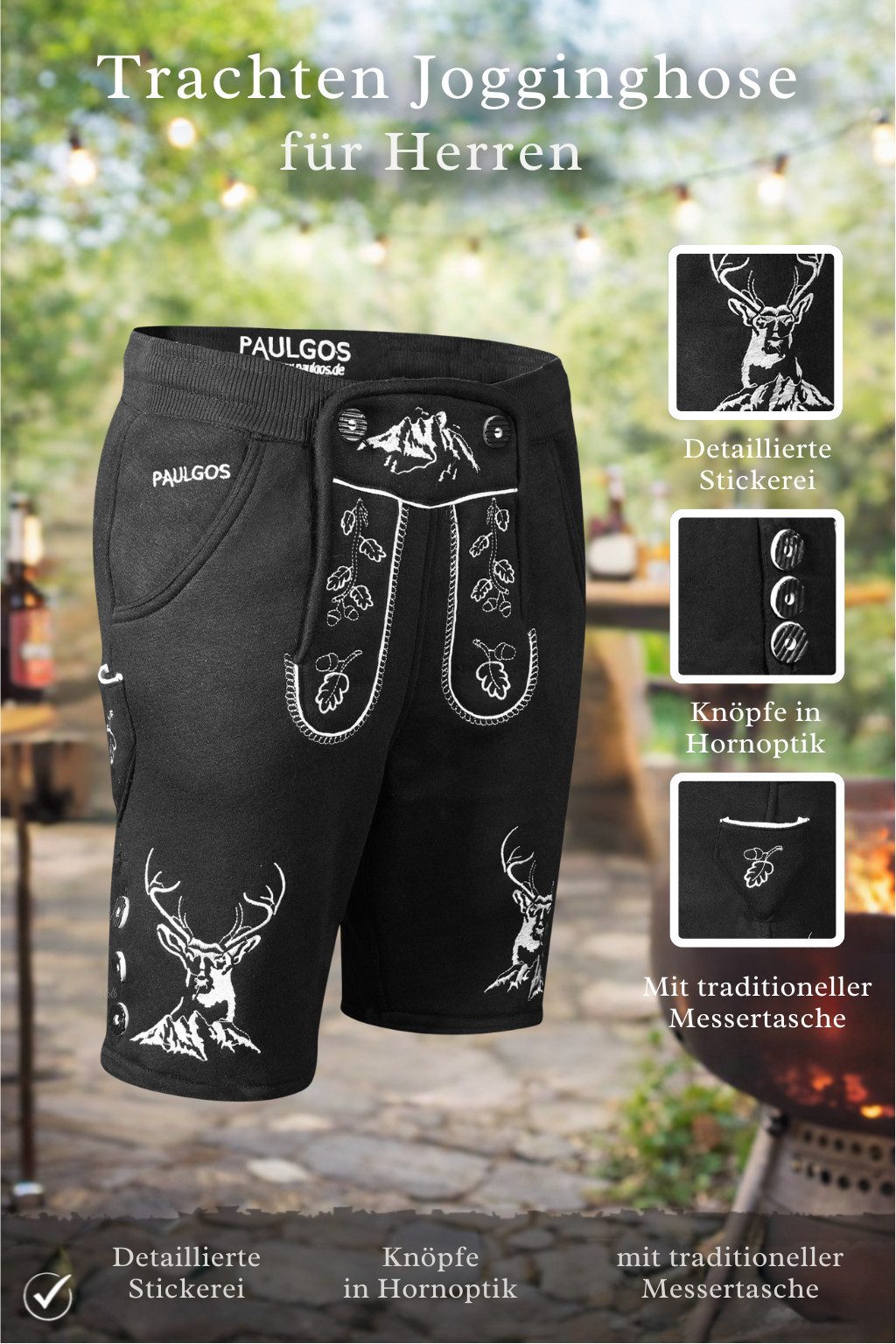 PAULGOS Trachtenhose Herren Jogginghose Design Lederhose Kurz Sweathose Bermuda Shorts JOK4