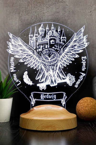 Geschenkelampe LED Nachttischlampe Hedwig Harry Potter Eule Lampe mit 3D Gravur Nachtlicht, Leuchte 7 Farben fest integriert, Geburtstagsgeschenk für Freunde, Enkel, Mädchen, Jungs, Freunde