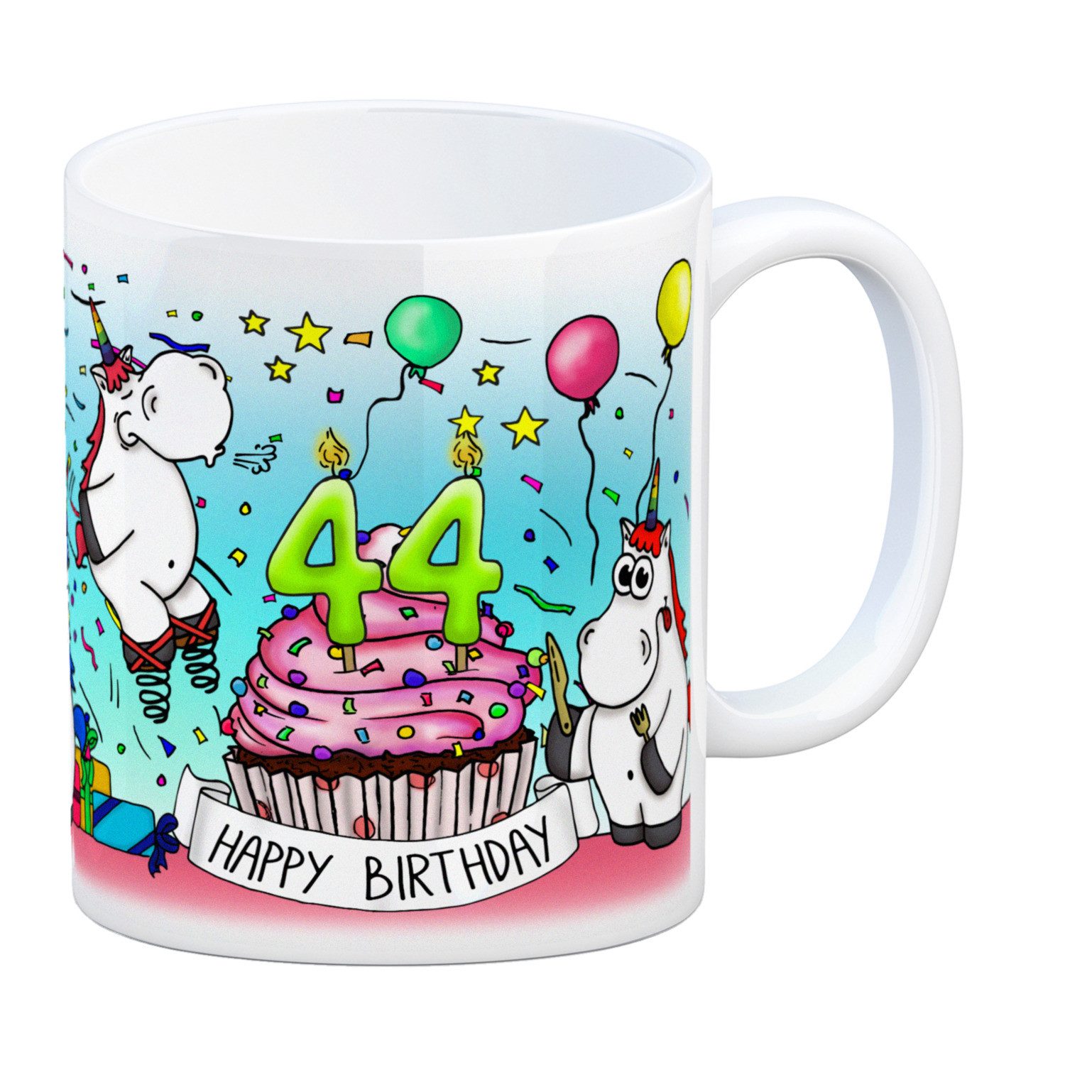 speecheese Tasse Honeycorns Tasse zum 44. Geburtstag mit Muffin und Einhorn Party